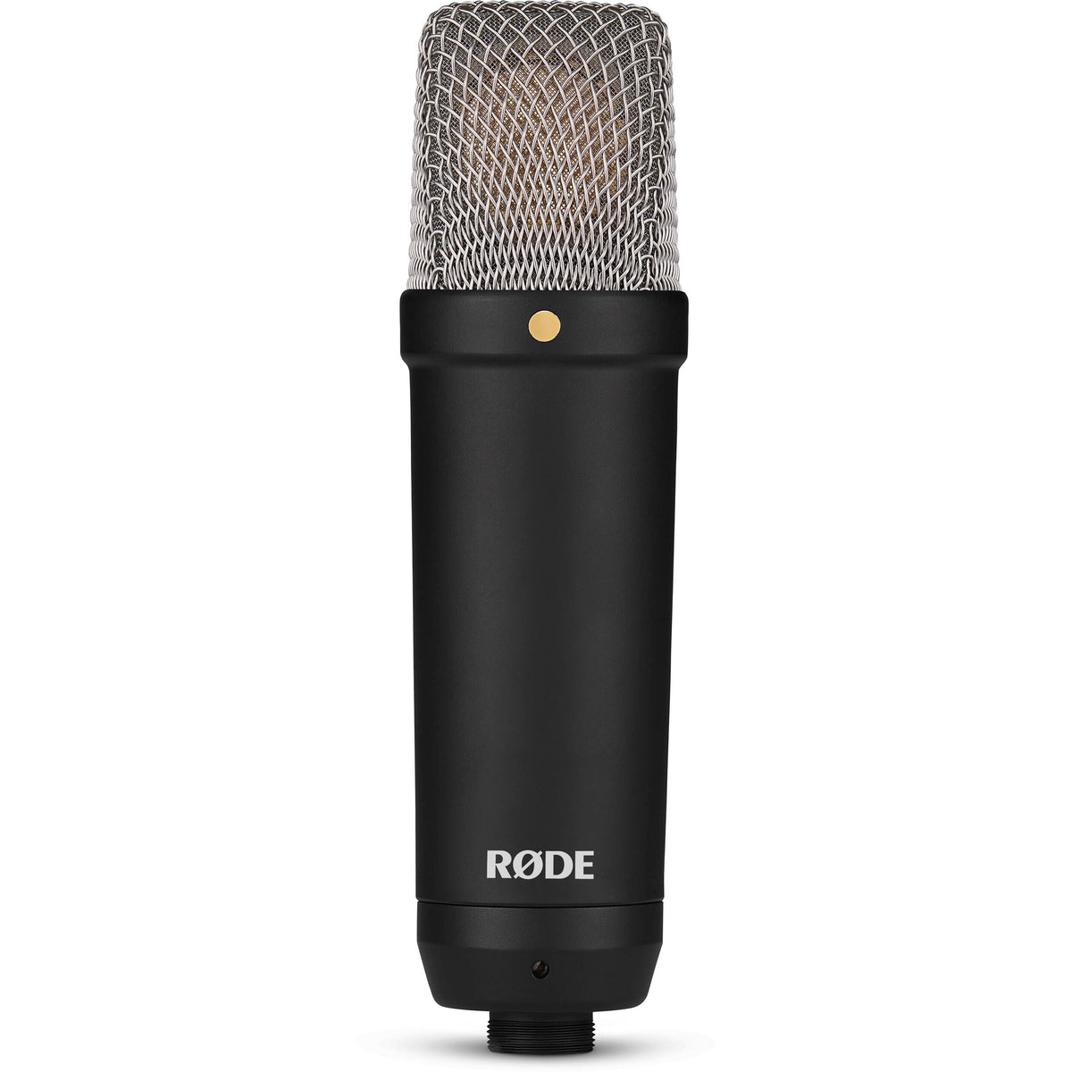 Rode NT1 Signature Series condenser microphone with shock mount and XLR cable on a stand, ideal for studio recording.