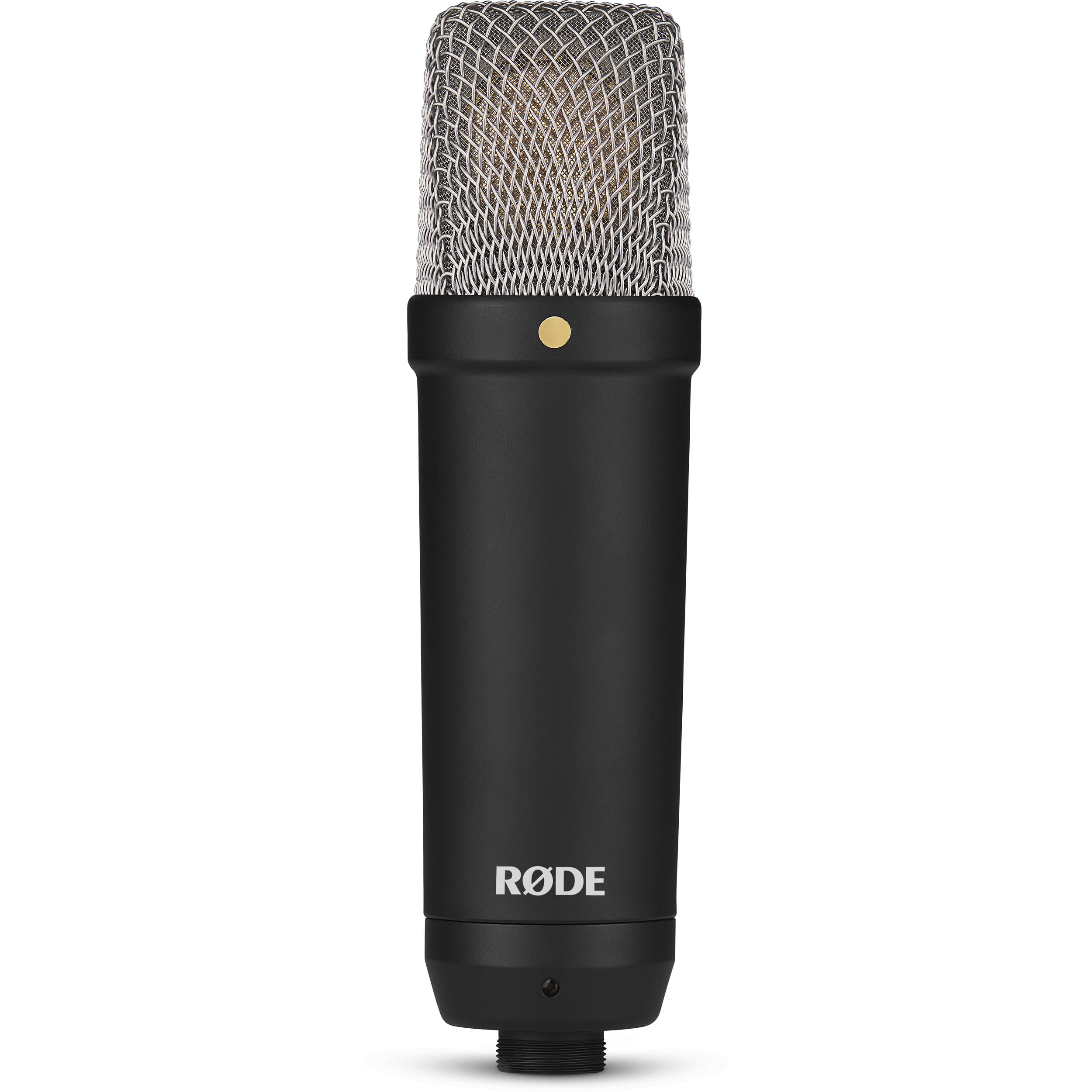 Rode NT1 Signature Series condenser microphone with shock mount and XLR cable on a stand, ideal for studio recording.