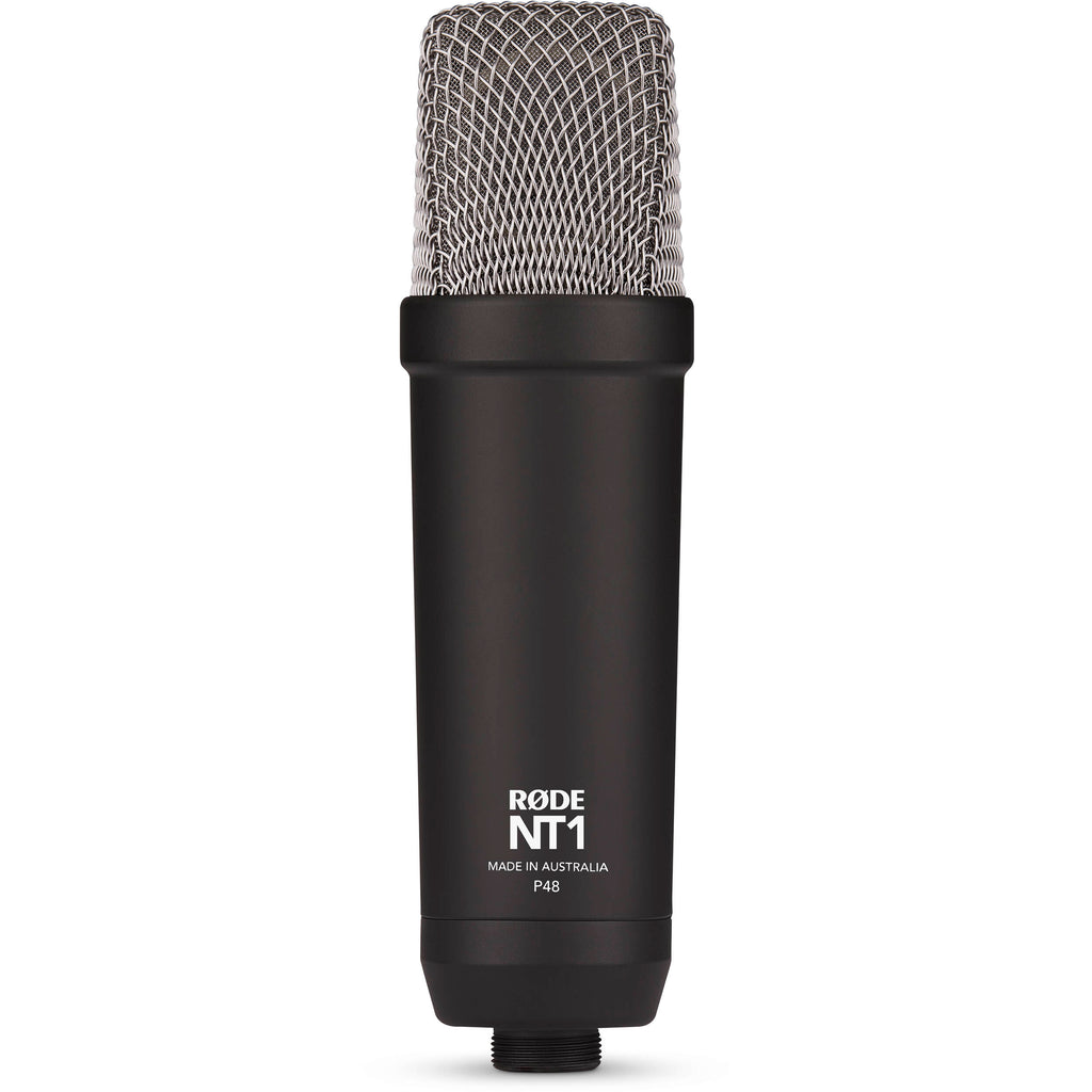 Rode NT1 Signature Series condenser microphone with black finish, mounted on a stand, used for studio recording and vocals.