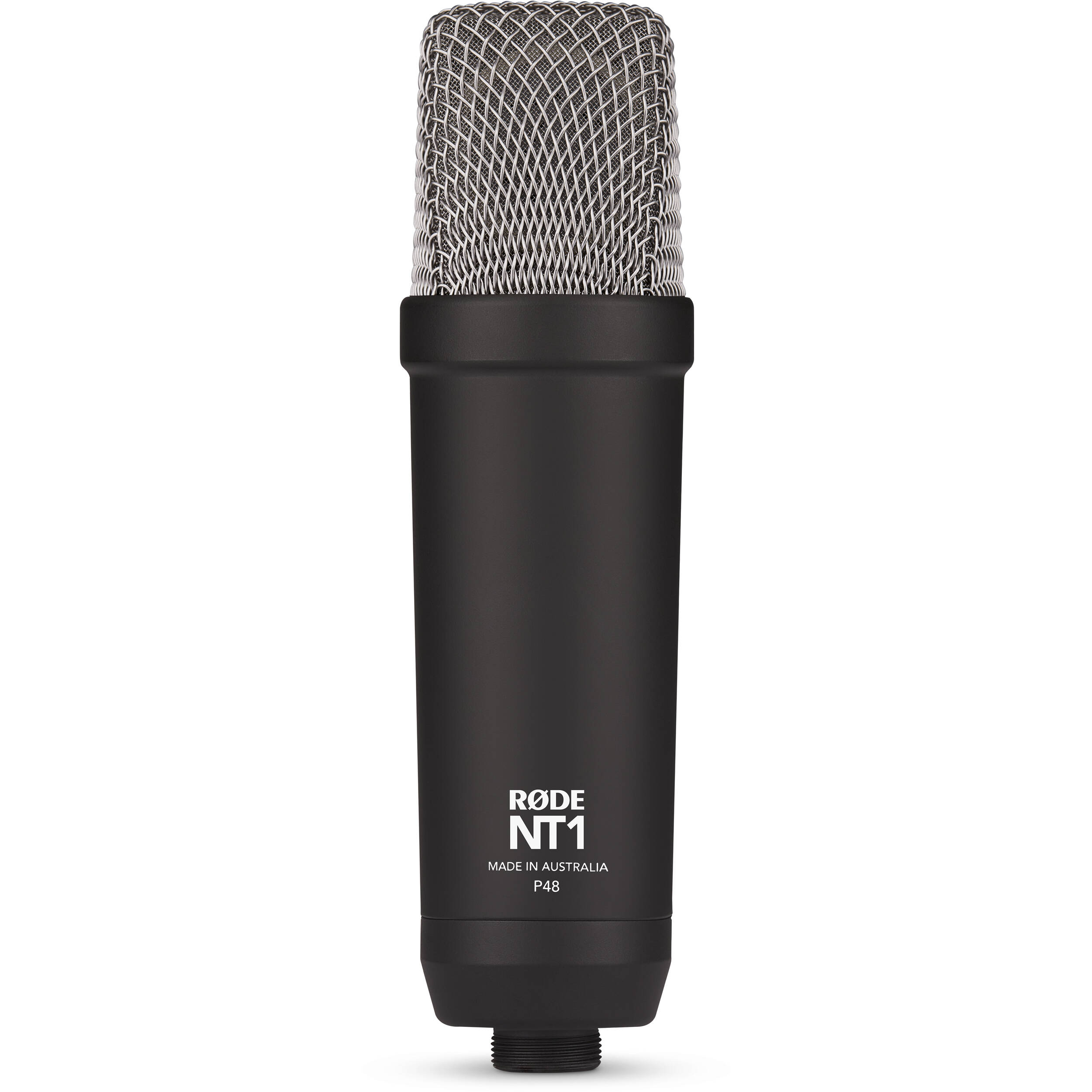 Rode NT1 Signature Series condenser microphone with black finish, mounted on a stand, used for studio recording and vocals.