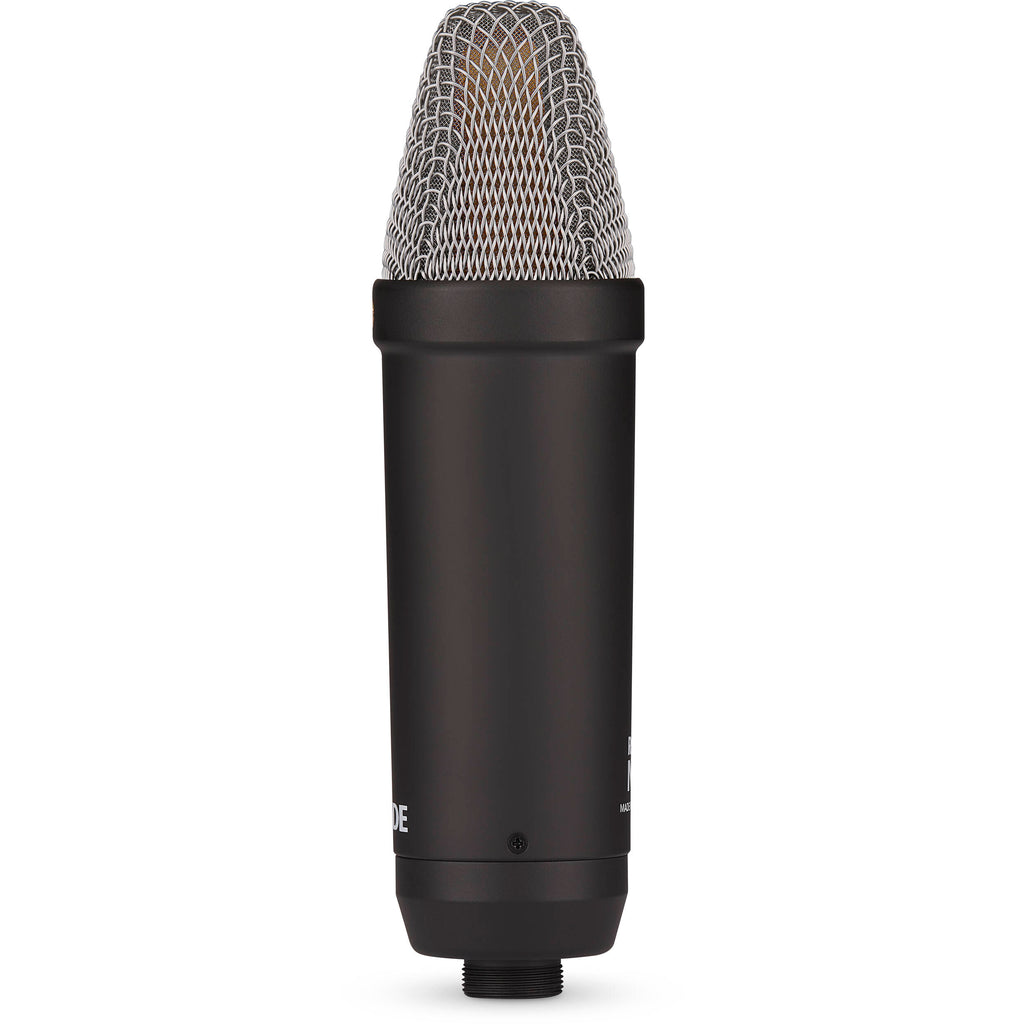 Rode NT1 Signature Series condenser microphone with metal body and shock mount for studio recording and vocals.
