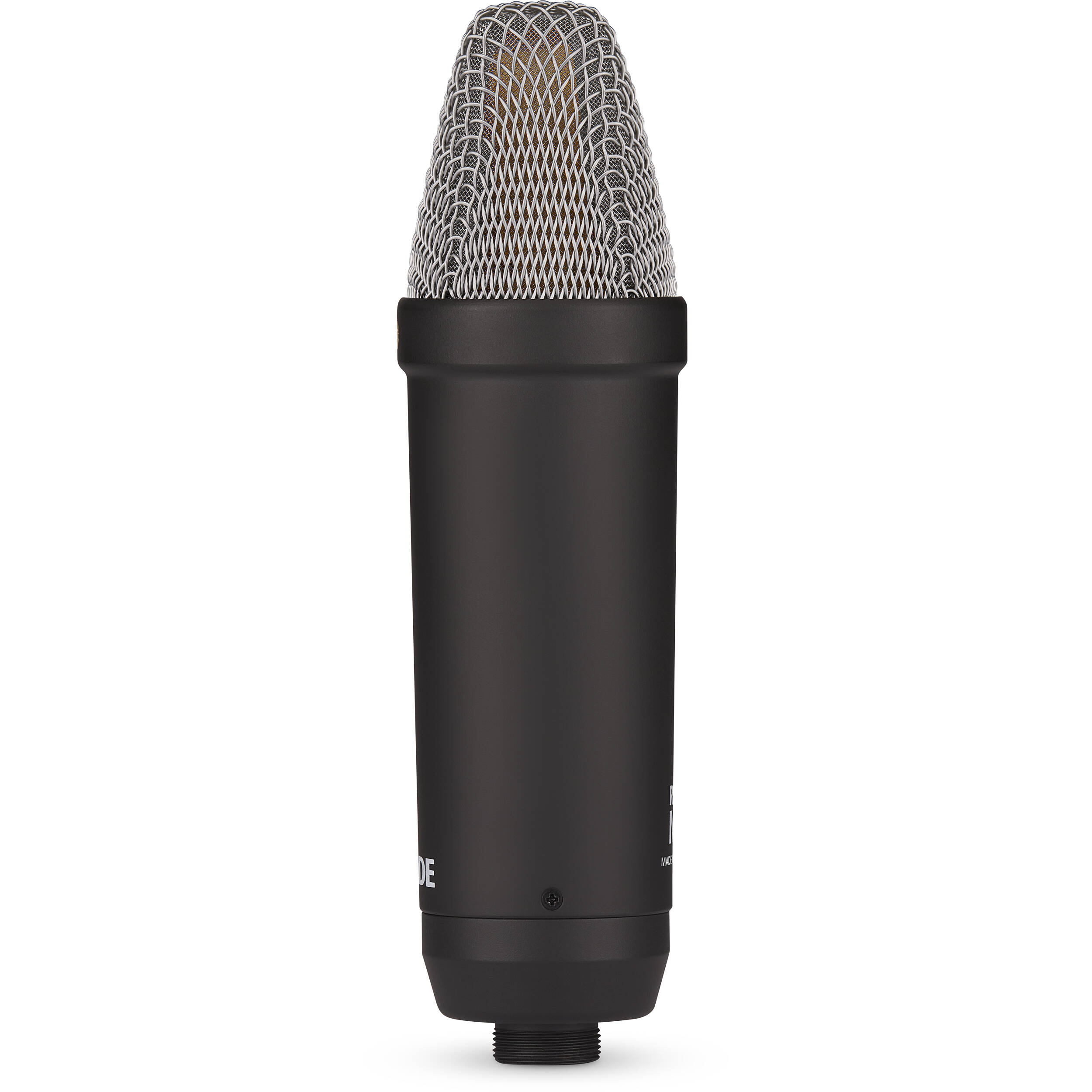 Rode NT1 Signature Series condenser microphone with metal body and shock mount for studio recording and vocals.