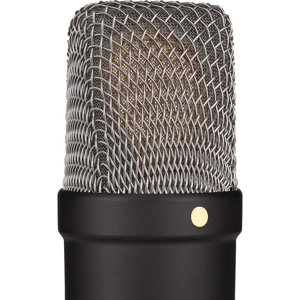 Rode NT1 Signature Series condenser microphone with black body and metal grille, positioned on a stand for studio recording.