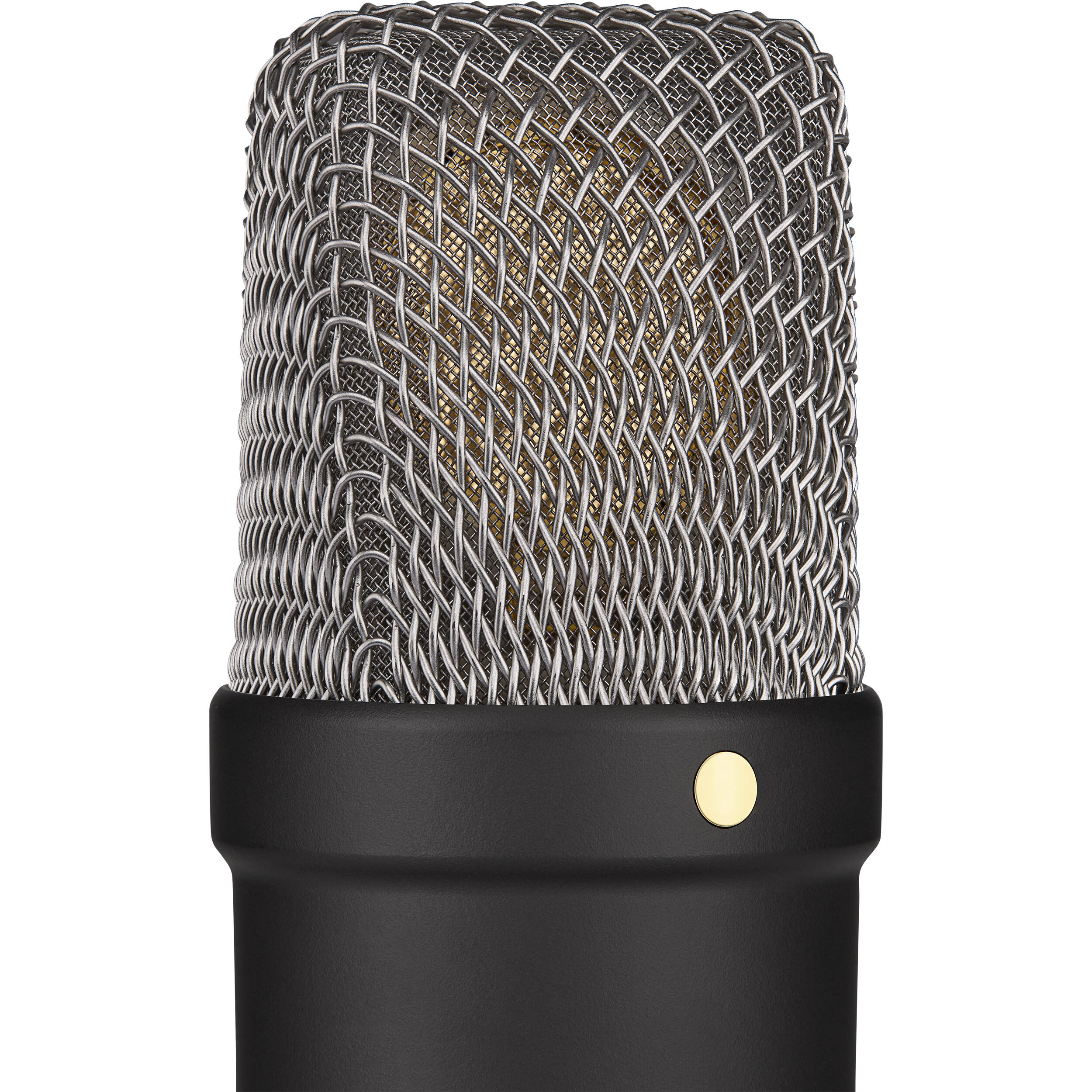 Rode NT1 Signature Series condenser microphone with black body and metal grille, positioned on a stand for studio recording.