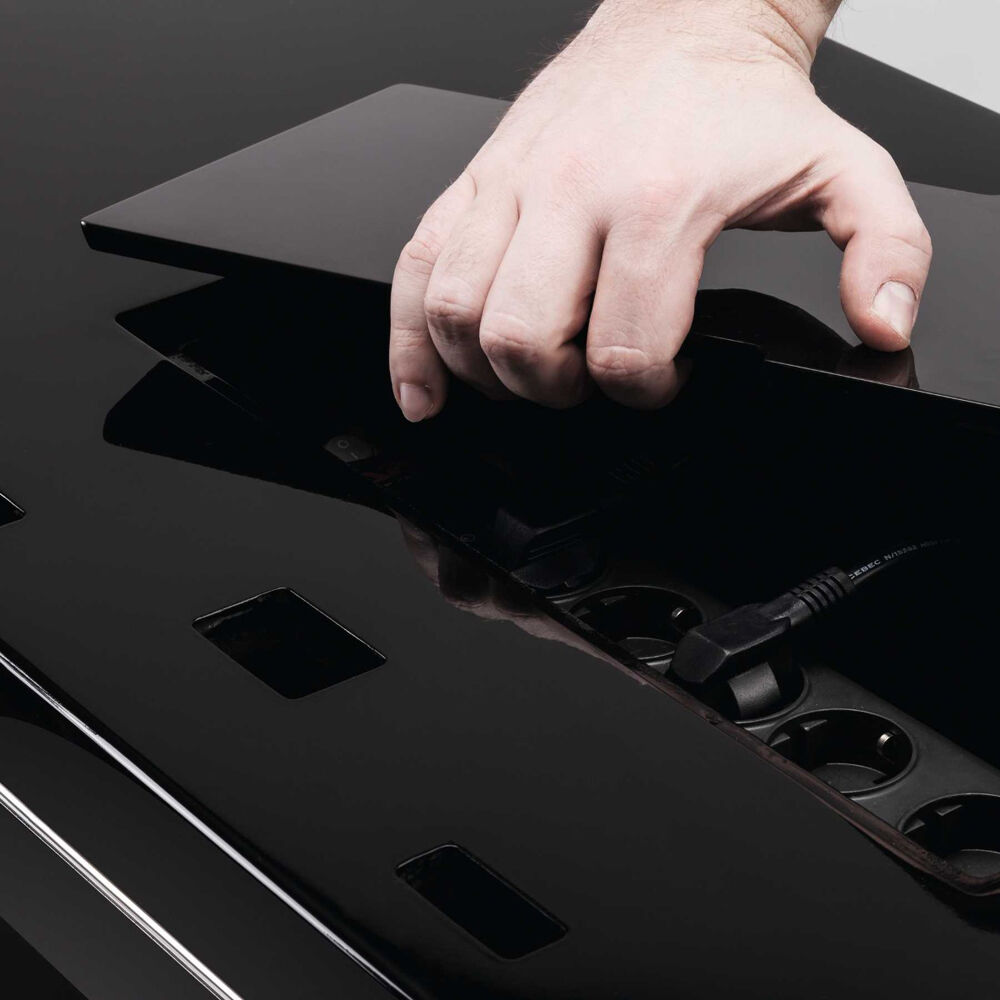 Glorious Session Cube XL DJ table and furniture with a sleek black surface and sturdy build, ideal for professional DJ setups.