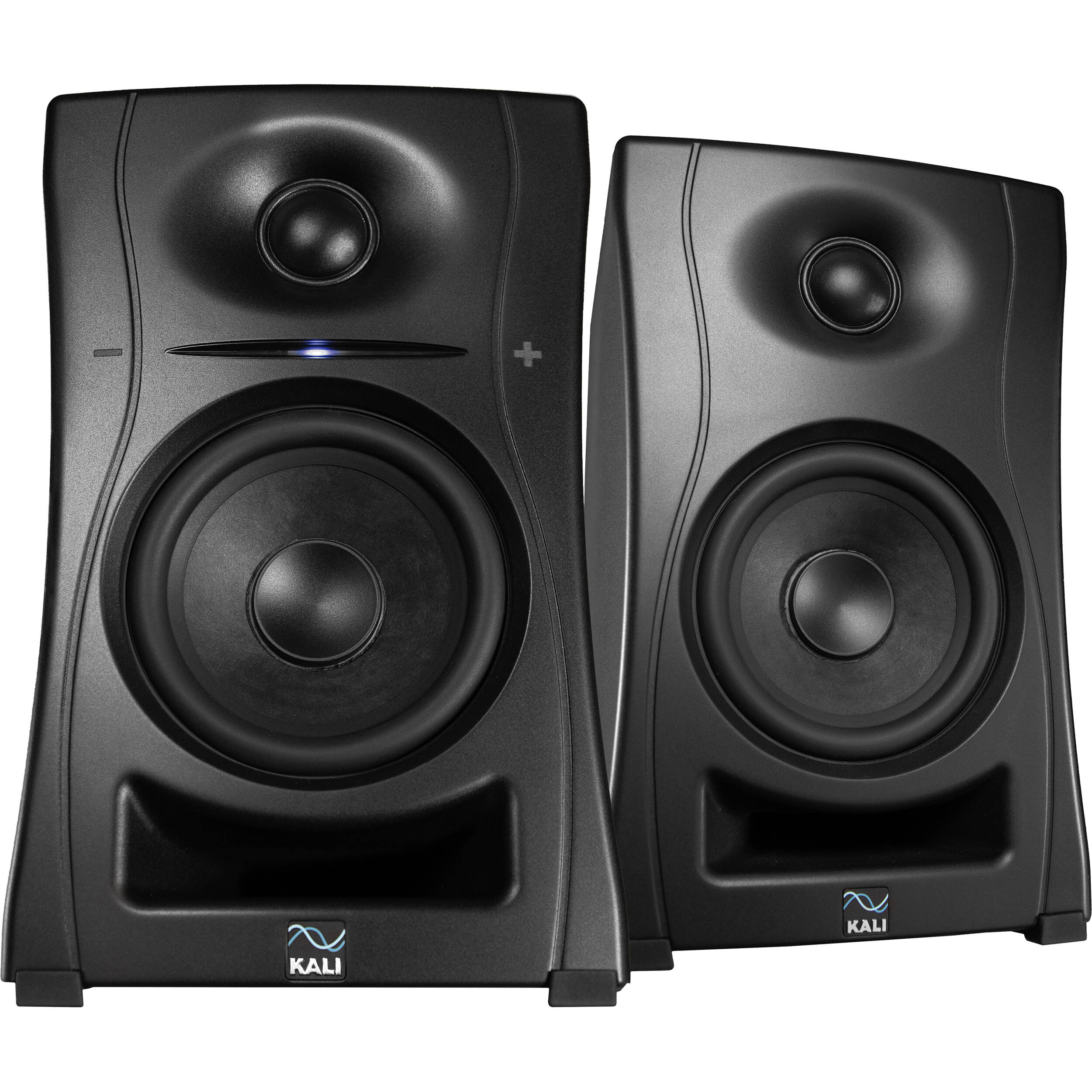 Kali Audio LP-UNF active nearfield monitors with black finish, showing the sleek front panels and control knobs.