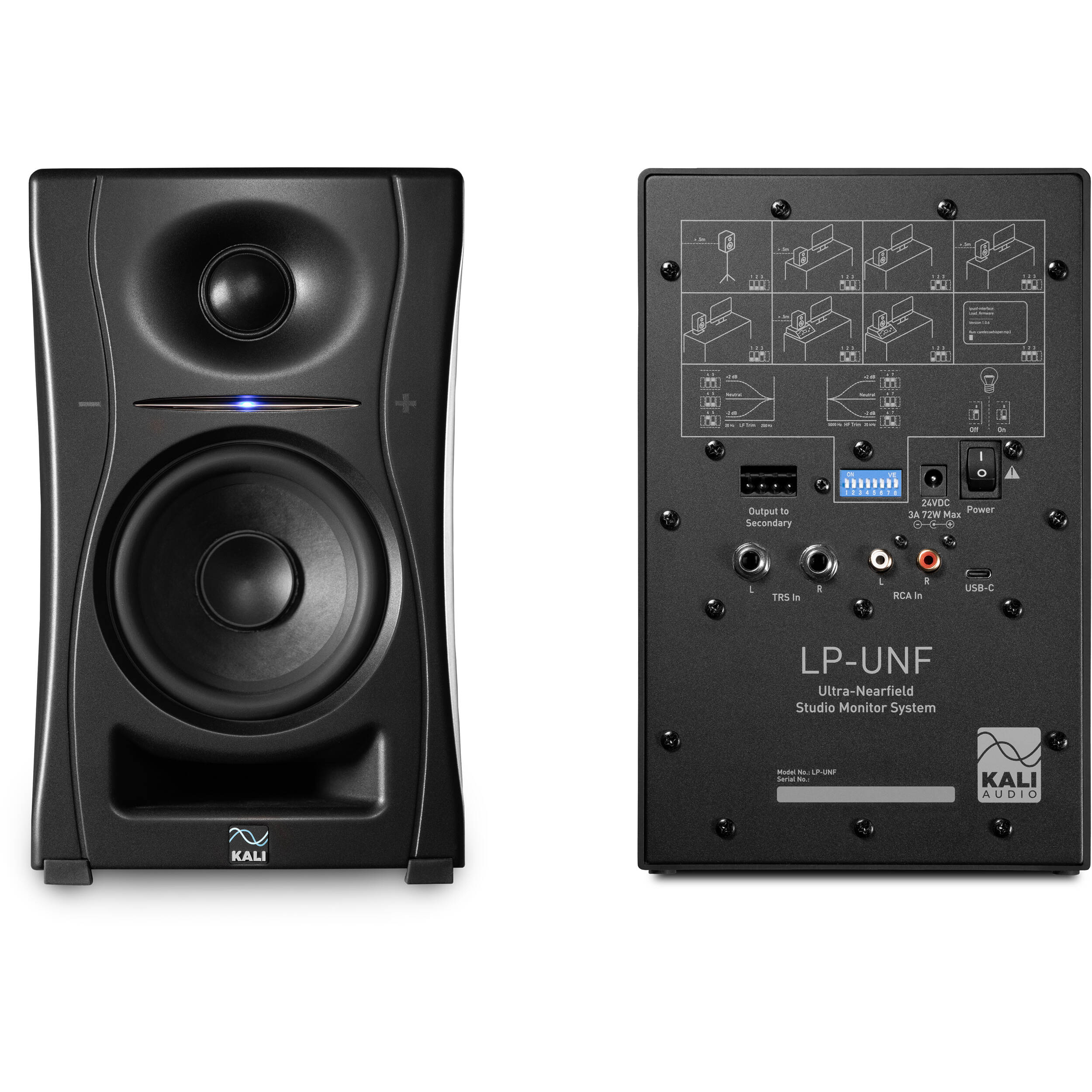 Kali Audio LP-UNF active nearfield monitors with sleek black finish and dual speaker cones for studio audio mixing.