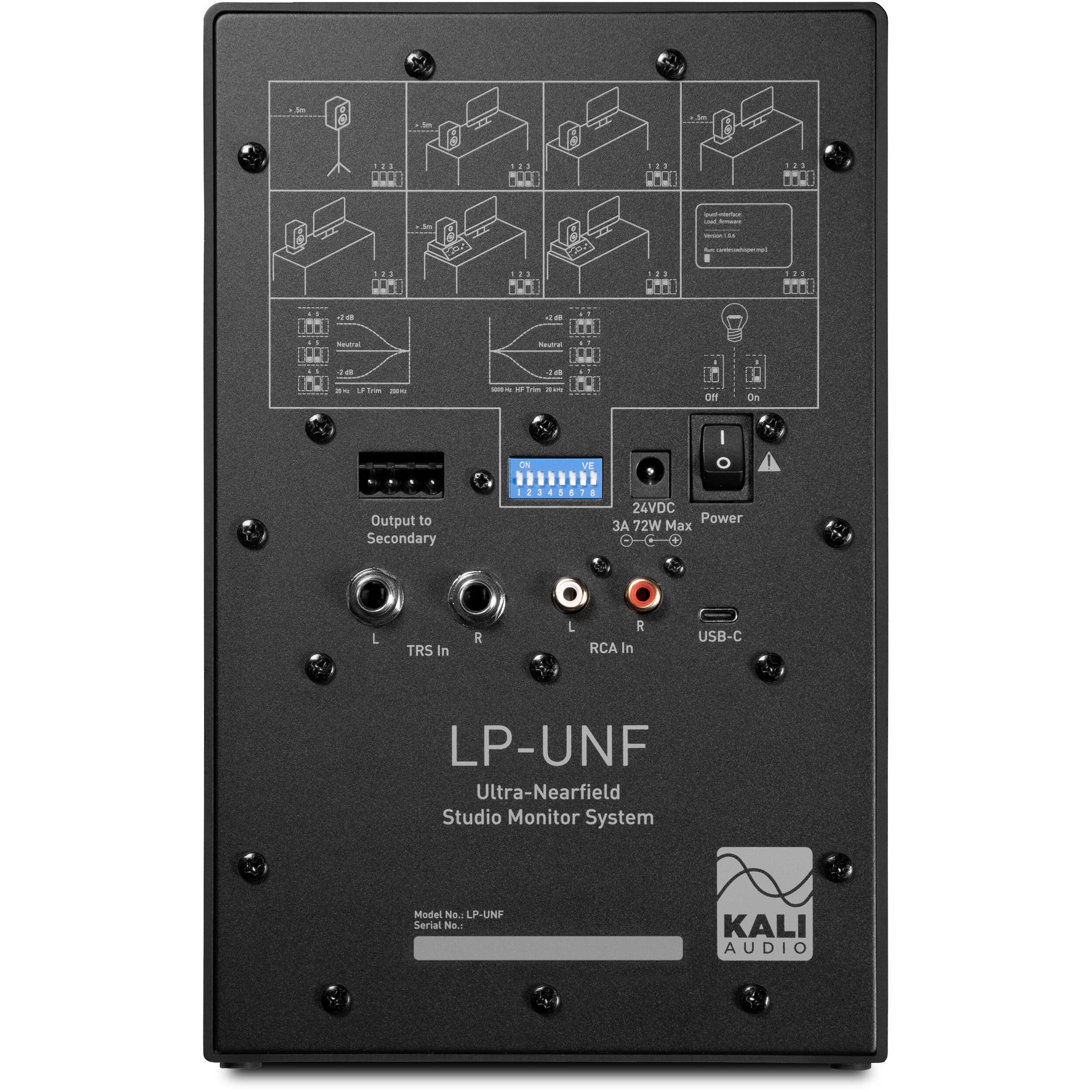 Kali Audio LP-UNF active nearfield monitors set on a desk, featuring sleek black speakers with control knobs and cables.