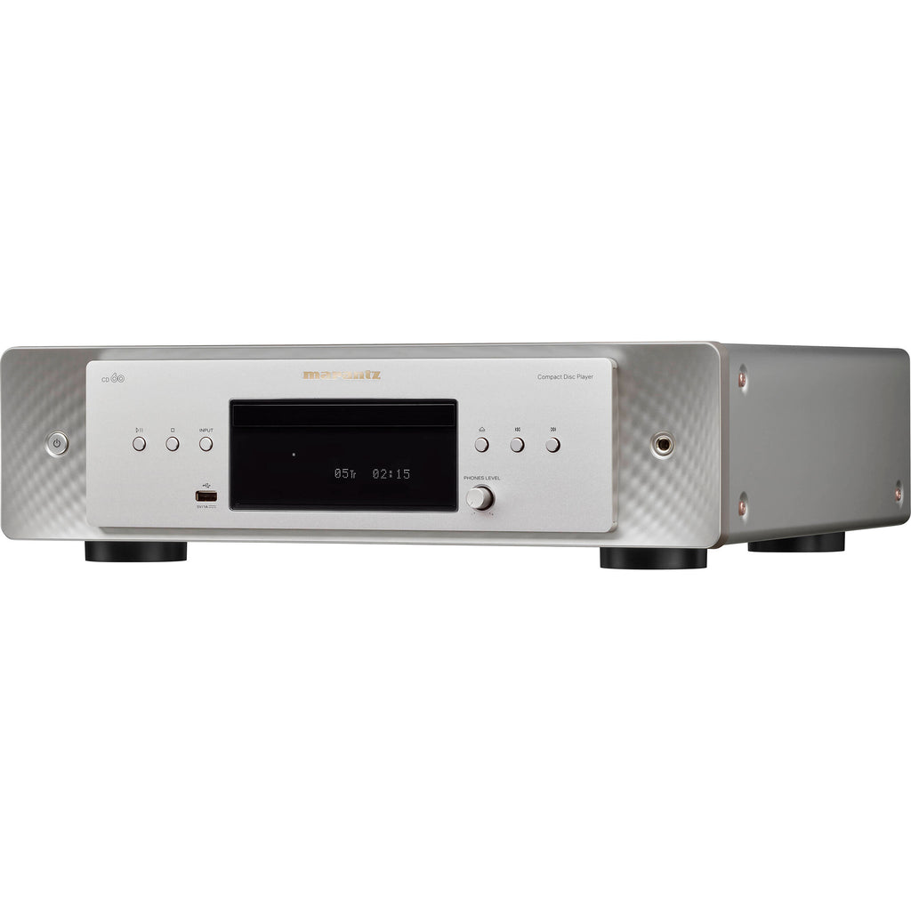 Marantz CD 60 CD player with silver finish, front-loading disc tray, and digital display for high-quality audio playback.