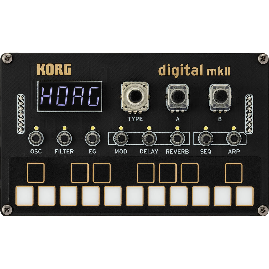 Korg Nu:Tekt NTS-1 MK2 digital synthesizer kit with compact design and built-in controls, ready for music creation.