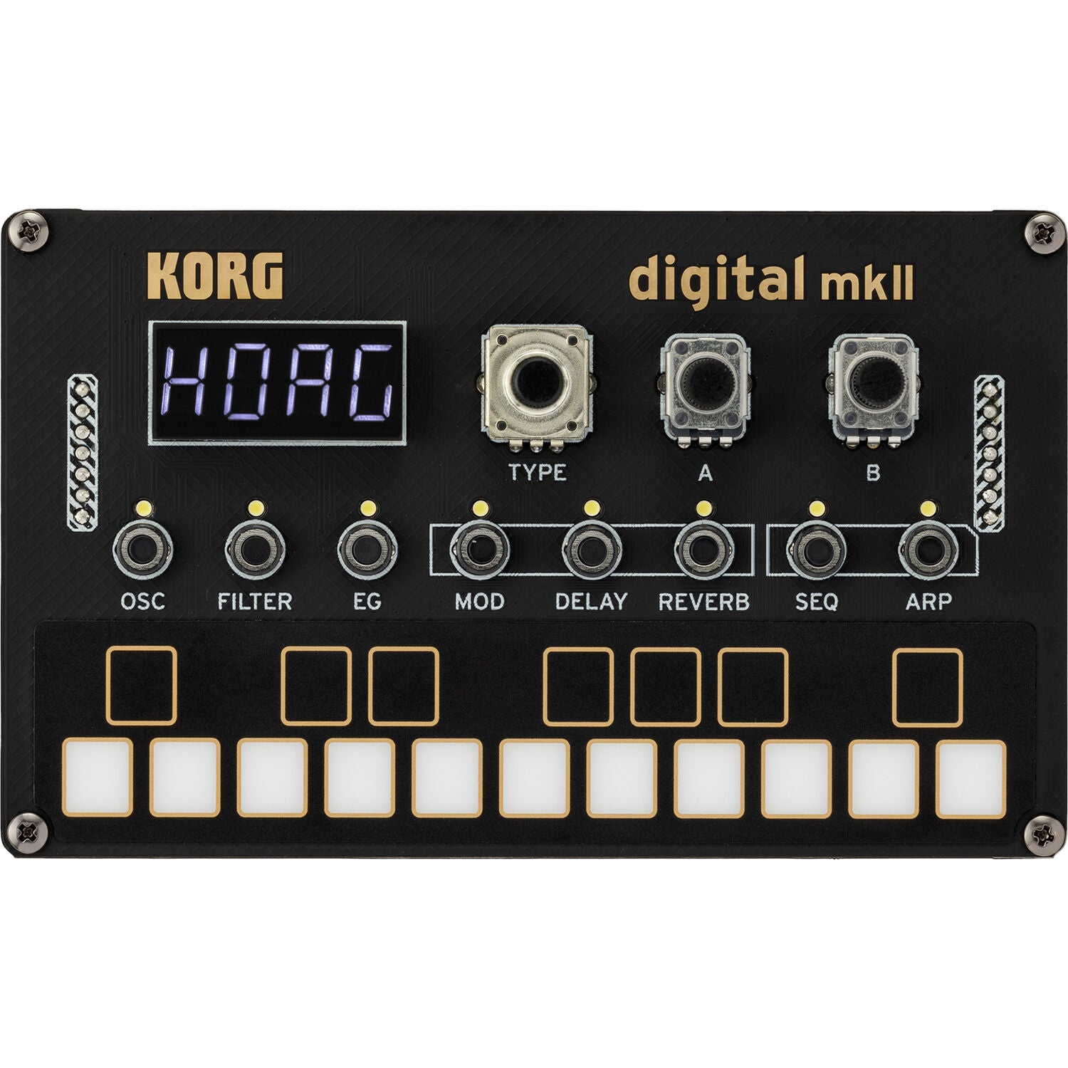 Korg Nu:Tekt NTS-1 MK2 digital synthesizer kit with compact design and built-in controls, ready for music creation.