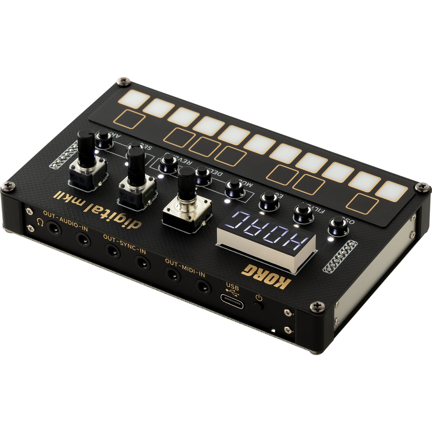 Korg Nu:Tekt NTS-1 MK2 digital synthesizer kit with keyboard and control panel, ideal for music production and sound design.
