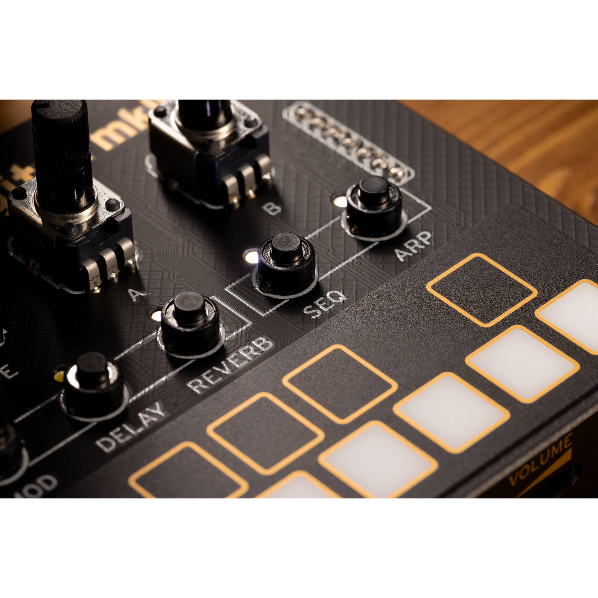 Korg Nu:Tekt NTS-1 Digital Kit MK2 synthesizer with compact design and user interface, showcasing its front panel and controls.