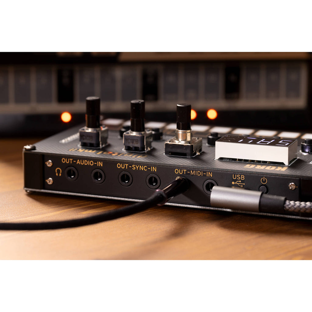 Korg Nu:Tekt NTS-1 Digital Kit MK2 synthesizer with compact design and built-in controls, ready for music creation.