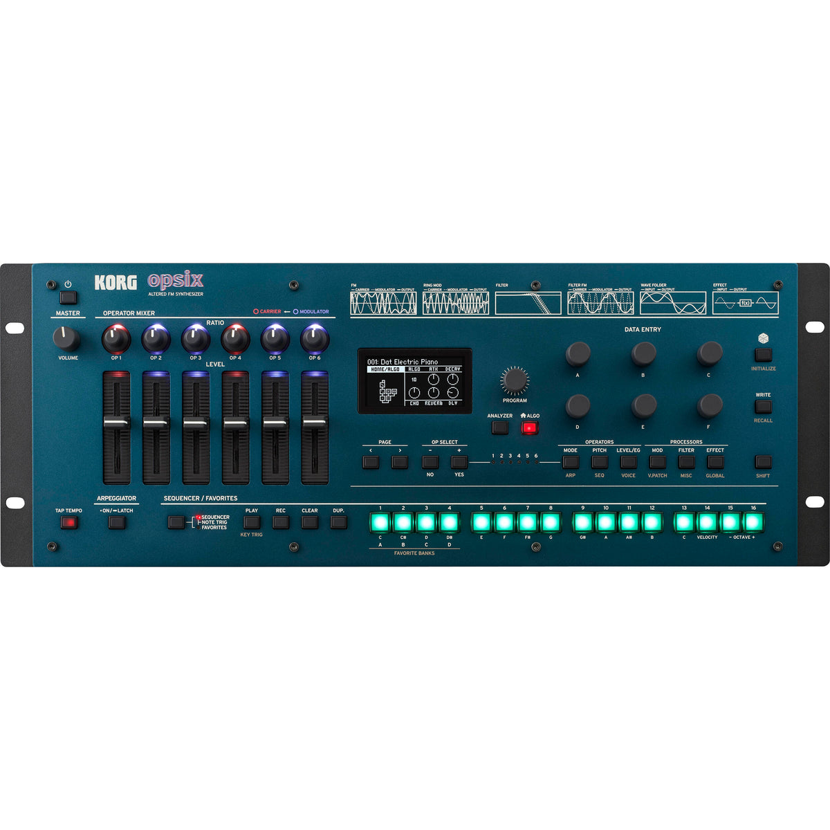 Korg Opsix synthesizer module with colorful control knobs and display, showcasing compact music production equipment.