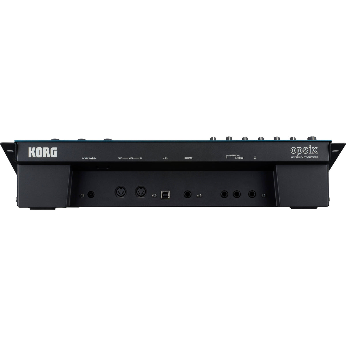 Korg Opsix synthesizer module with colorful control knobs and interface, showcasing its compact design for electronic music production.