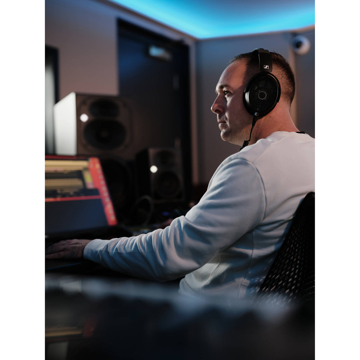Sennheiser HD 490 Pro studio headphones with over-ear design and adjustable headband, black color, on a white background.
