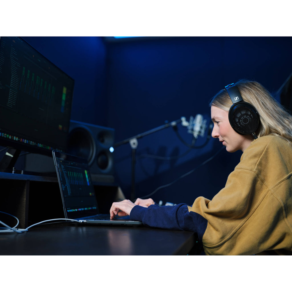 Sennheiser HD 490 Pro Plus studio headphones with over-ear design and adjustable headband, black color, on white background.