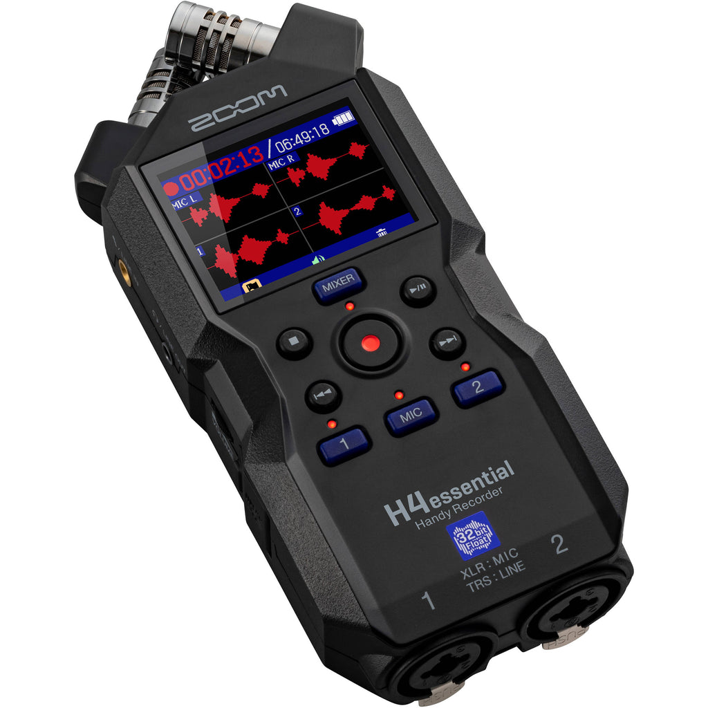 Zoom H4n Essential digital recorder with built-in microphones and control buttons, designed for high-quality audio recording.