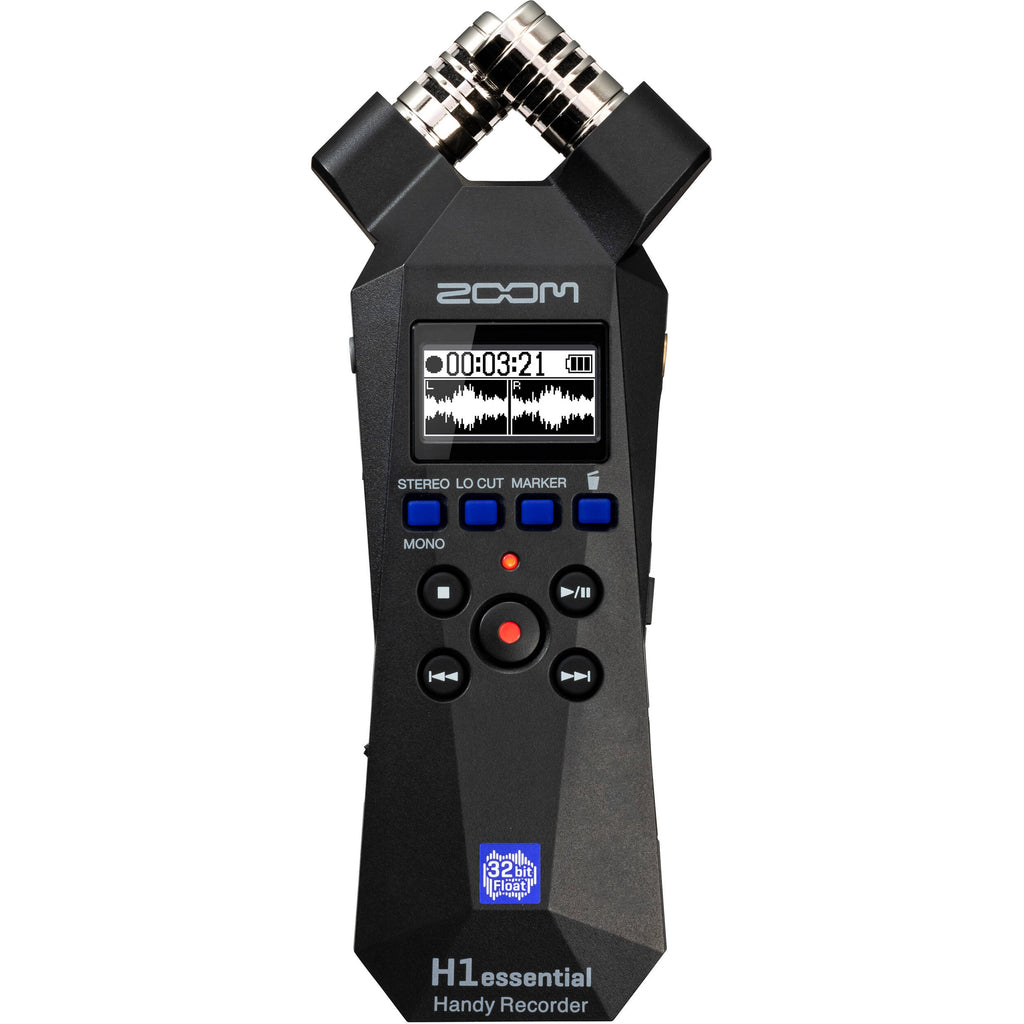 Zoom H1essential digital recorder with built-in microphone and control buttons, suitable for high-quality audio recording.