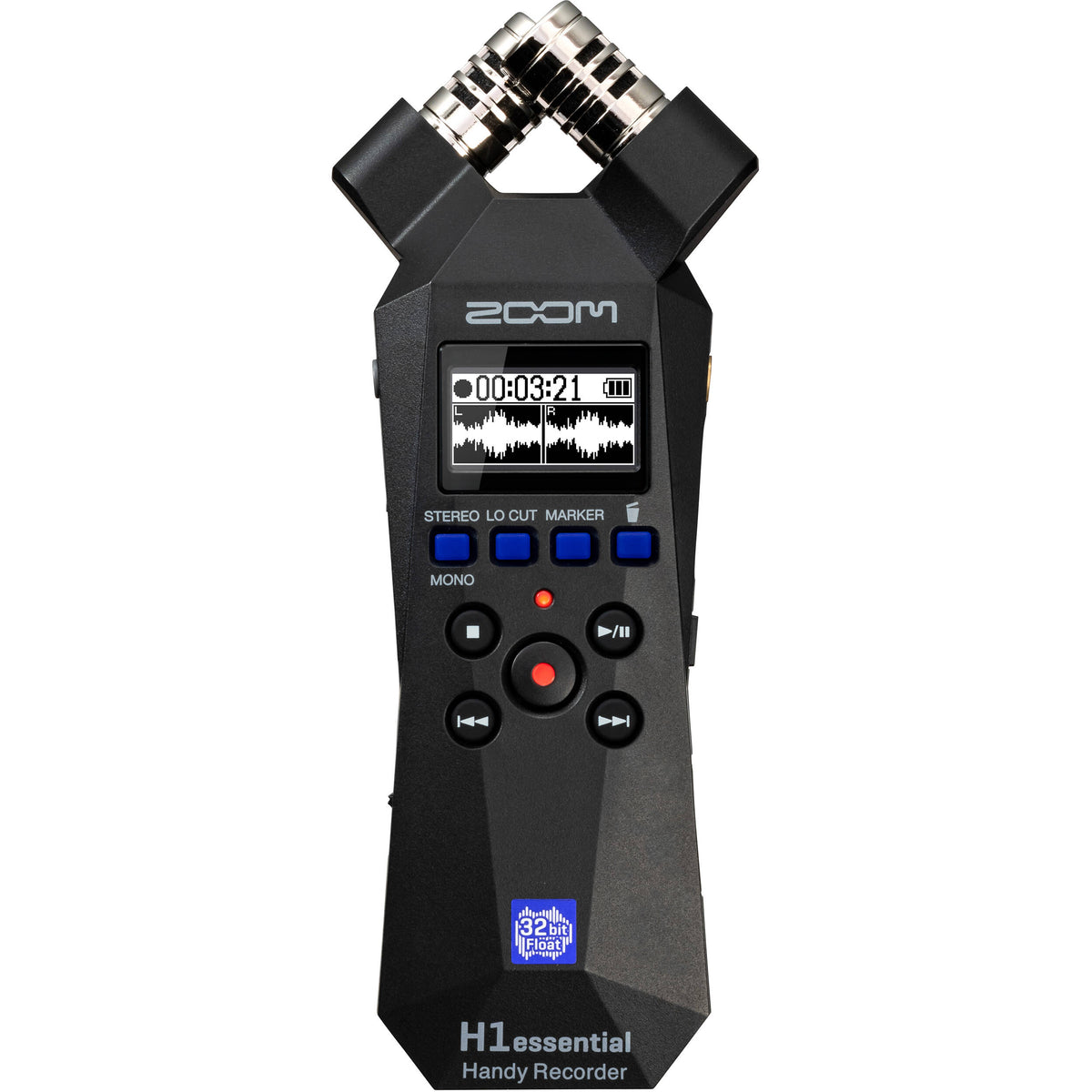 Zoom H1essential digital recorder with built-in microphone and control buttons, suitable for high-quality audio recording.