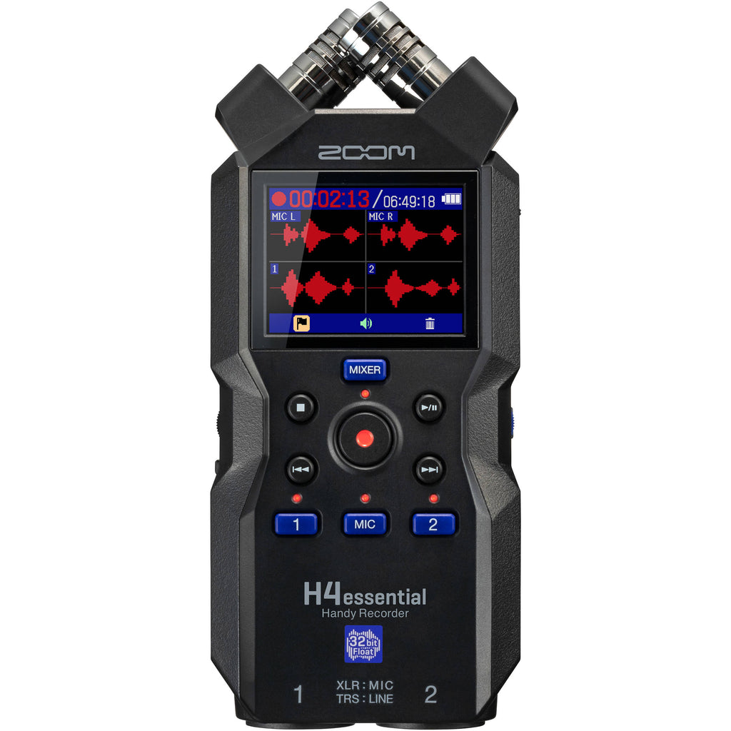 Zoom H4Essential digital recorder with dual XLR/1/4-inch inputs and built-in microphones for high-quality audio recording.