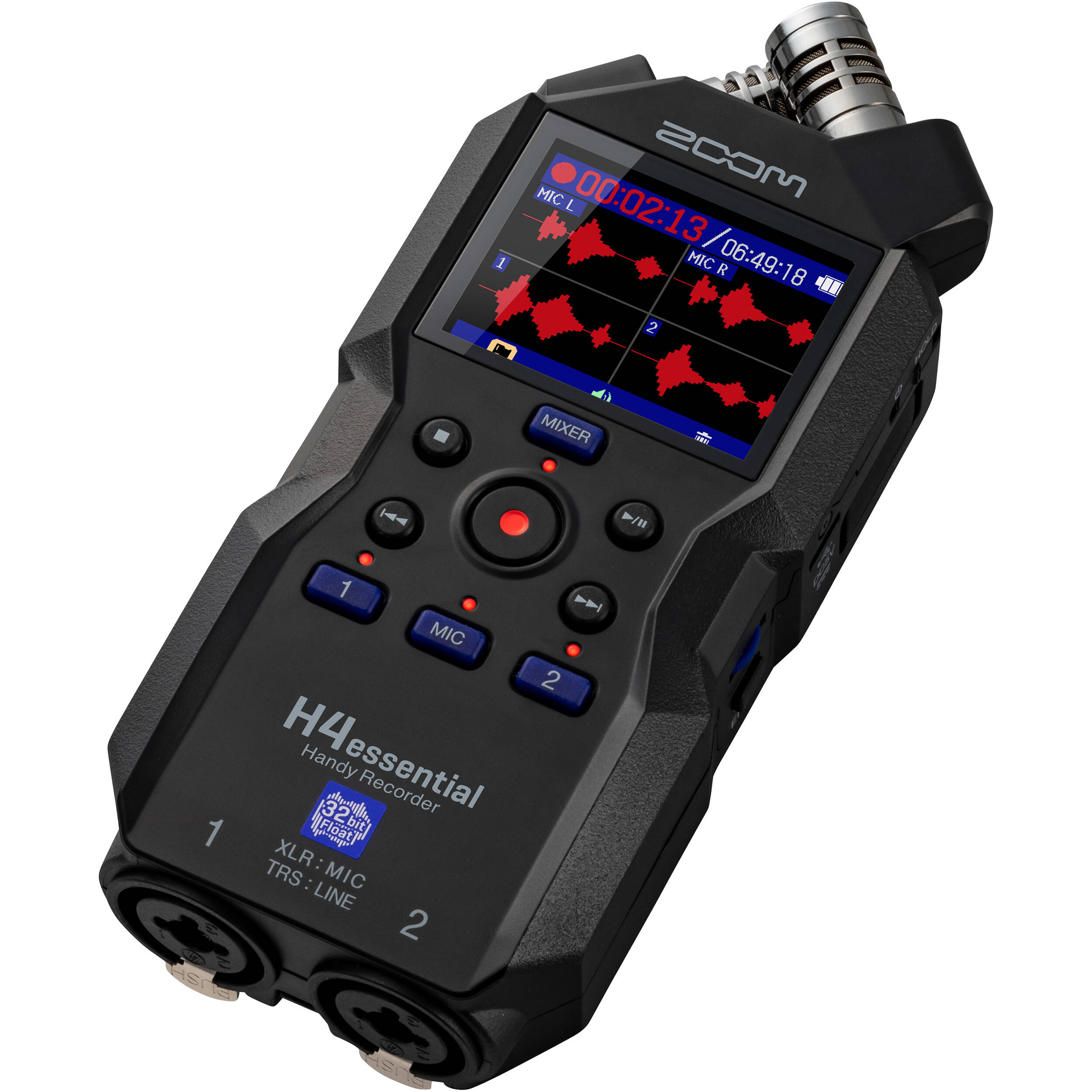 Zoom H4essential digital recorder with built-in microphones and control buttons, ideal for high-quality audio recording.