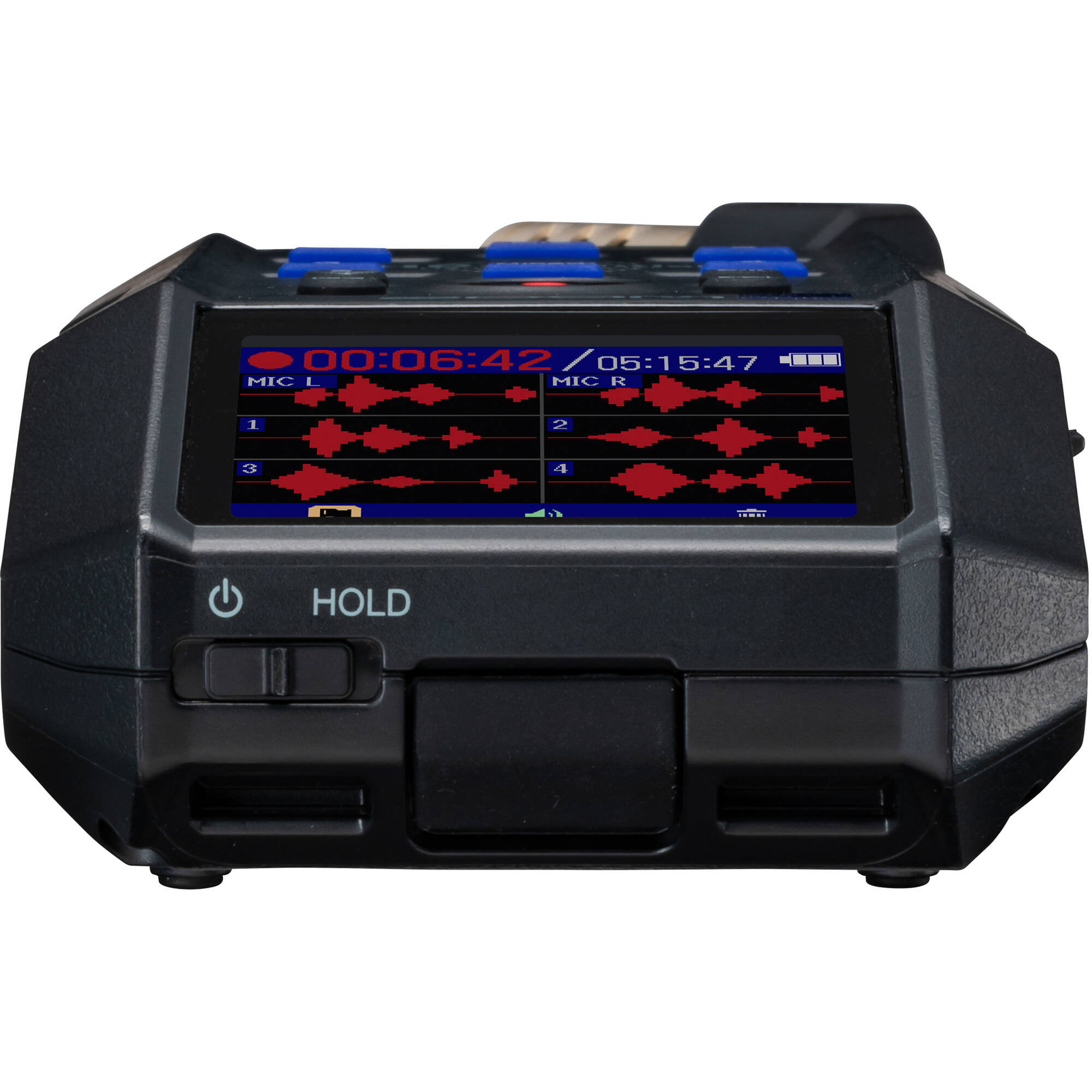 Zoom H6 Essential digital recorder with multiple input jacks and built-in microphones for high-quality audio recording.