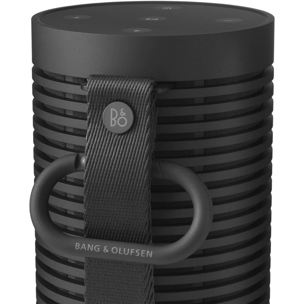 Bang & Olufsen Beosound Explore portable speaker in black, showing its rugged design and control buttons.