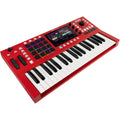 Akai Professional MPC Key 37 MIDI controller with red casing, featuring keys and controls for music production and sampling.