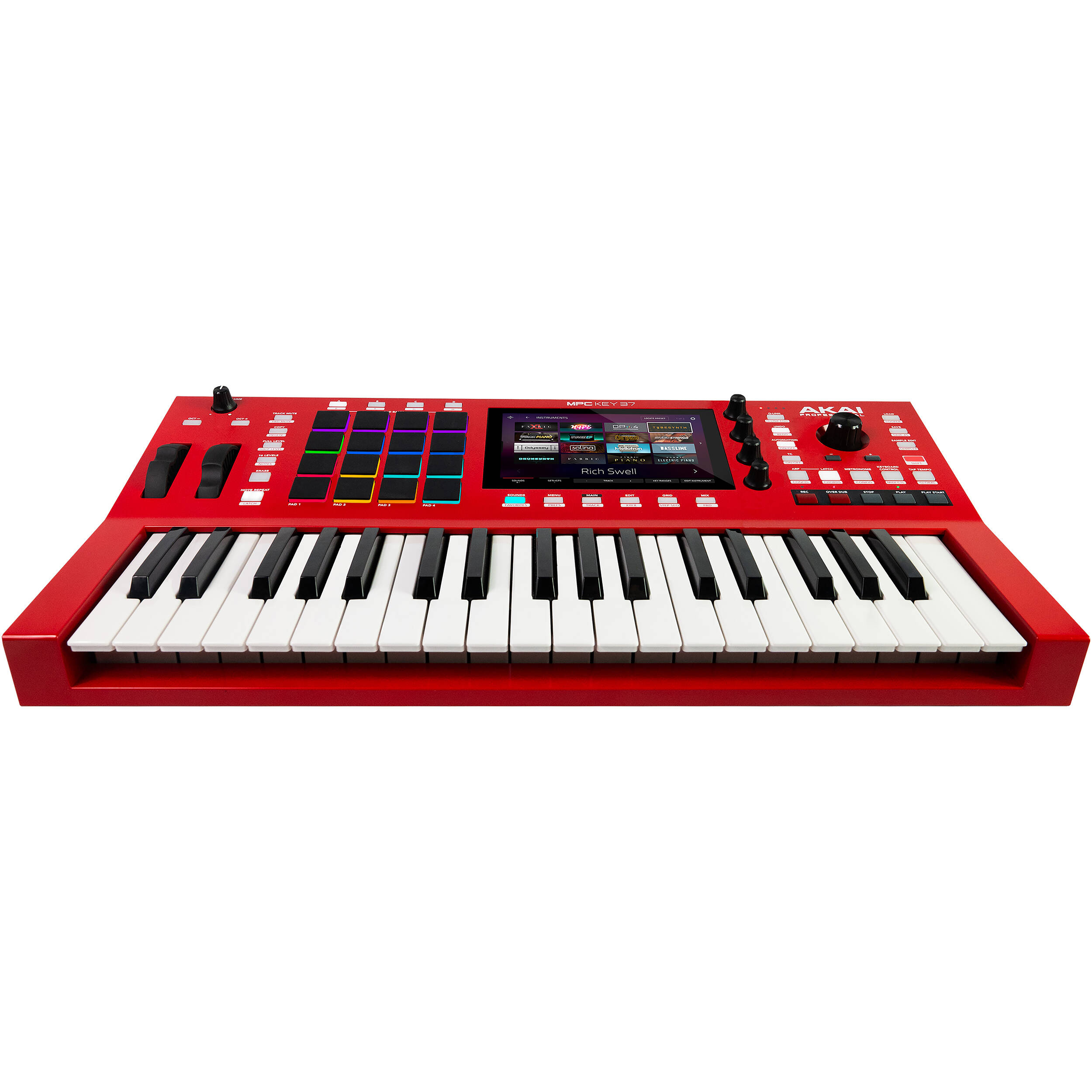 Akai Professional MPC Key 37 MIDI controller with red casing, featuring keys and control buttons for music production.