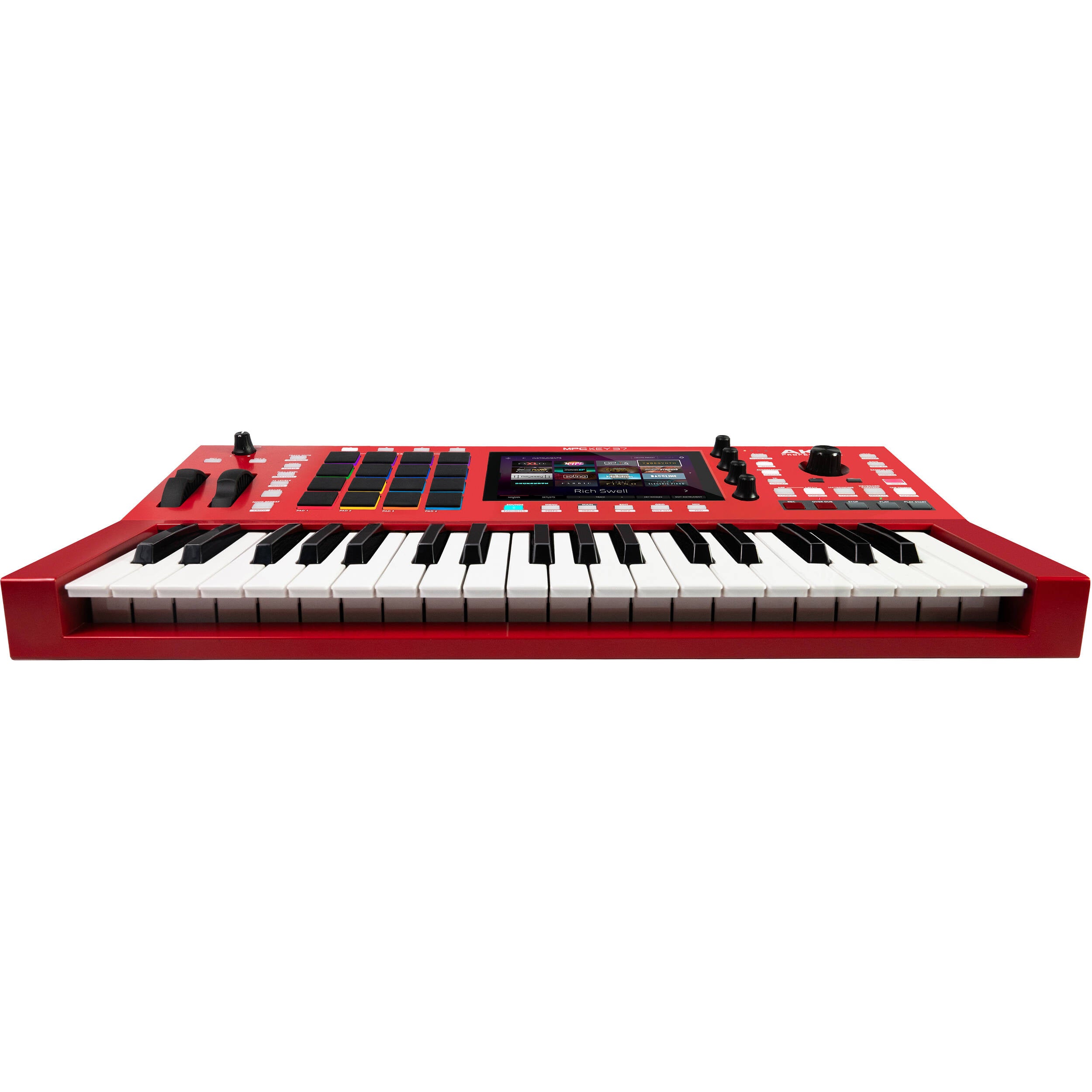 Akai Professional MPC Key 37 MIDI controller with red finish, featuring keys, knobs, and pads for music production and sampling.