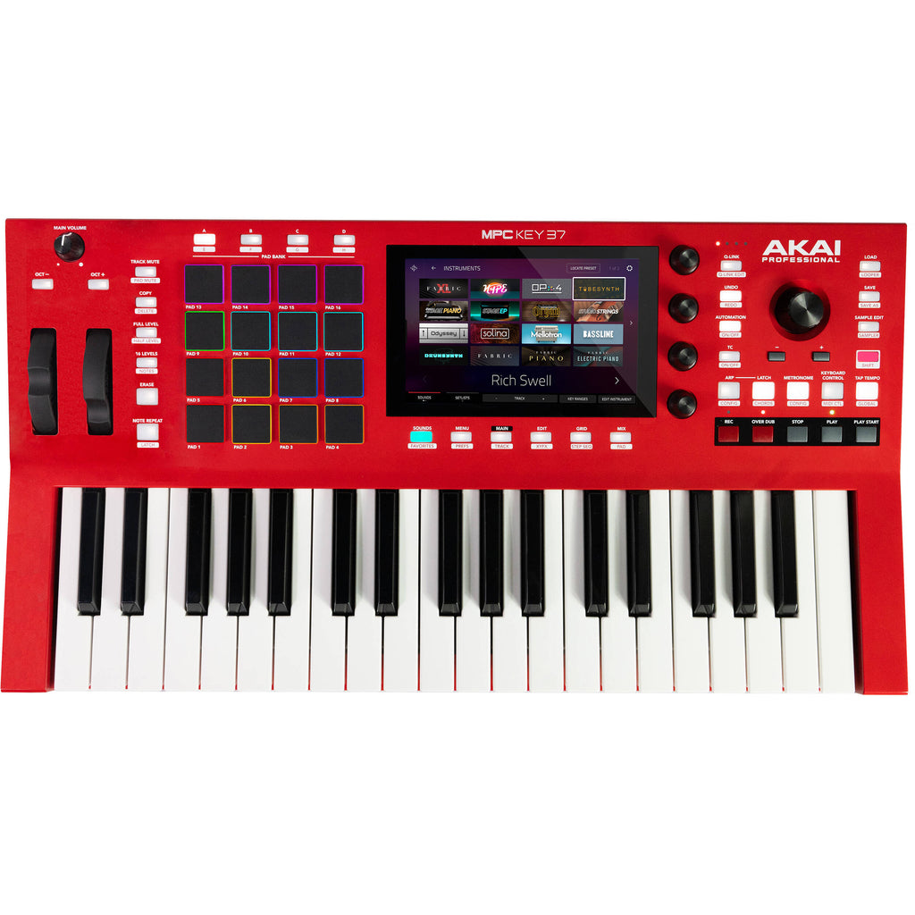 Akai Professional MPC Key 37 red drum machine and sampler with keys and control buttons on a music production device.