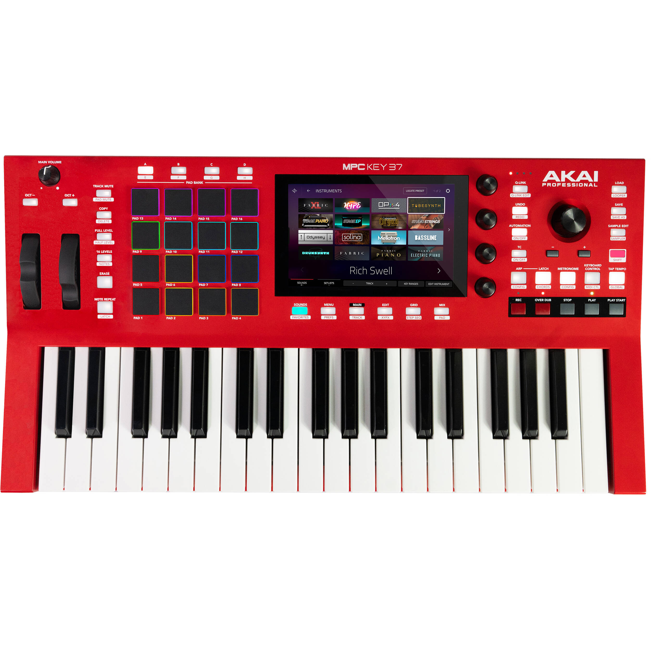 Akai Professional MPC Key 37 red drum machine and sampler with keys and control buttons on a music production device.