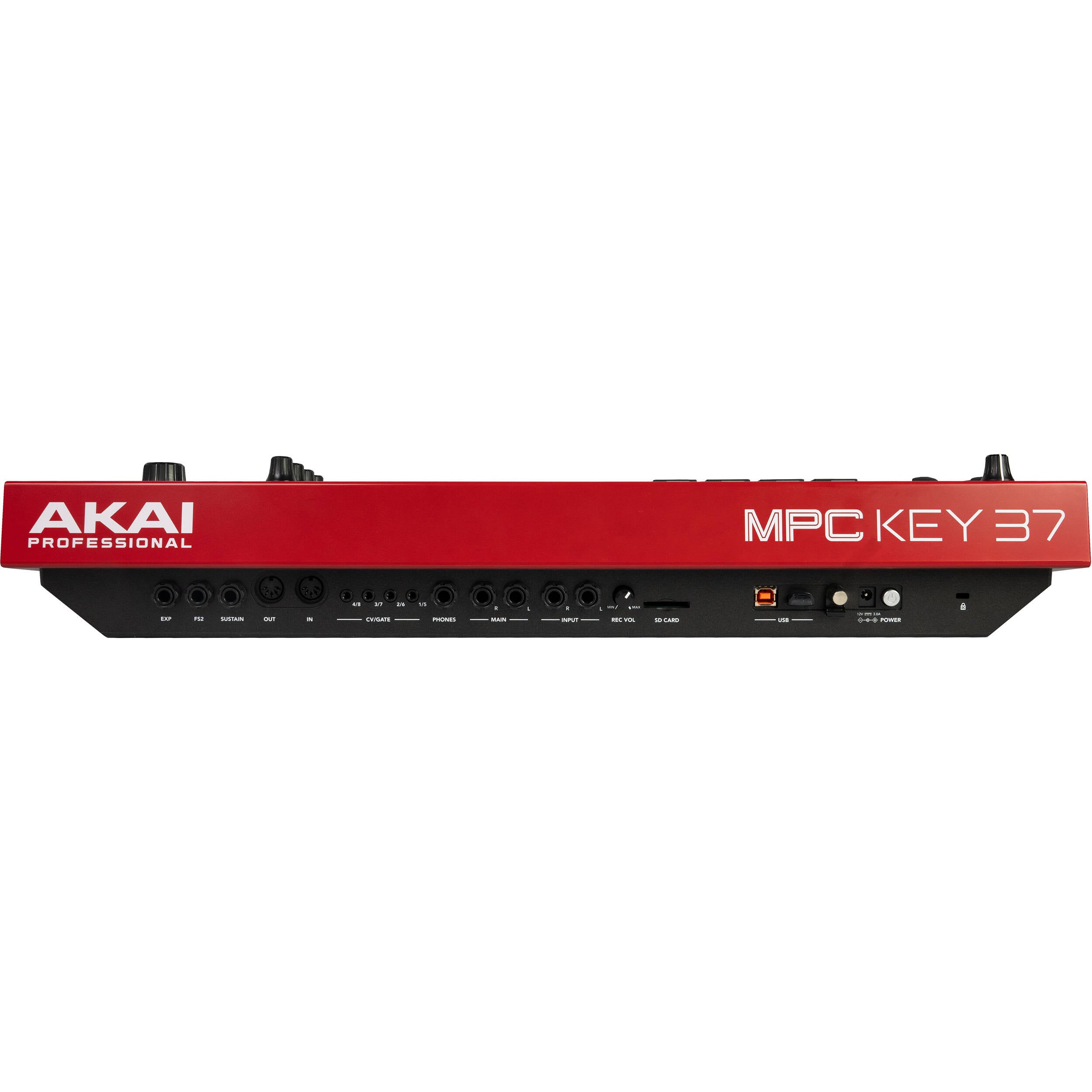 Akai Professional MPC Key 37 MIDI controller with red casing, featuring keys, knobs, and control buttons for music production.