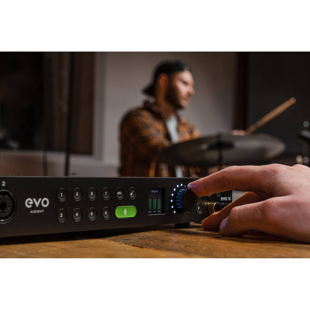 Audient EVO 16 audio interface with multiple input/output ports, sleek design, and professional-grade connections.