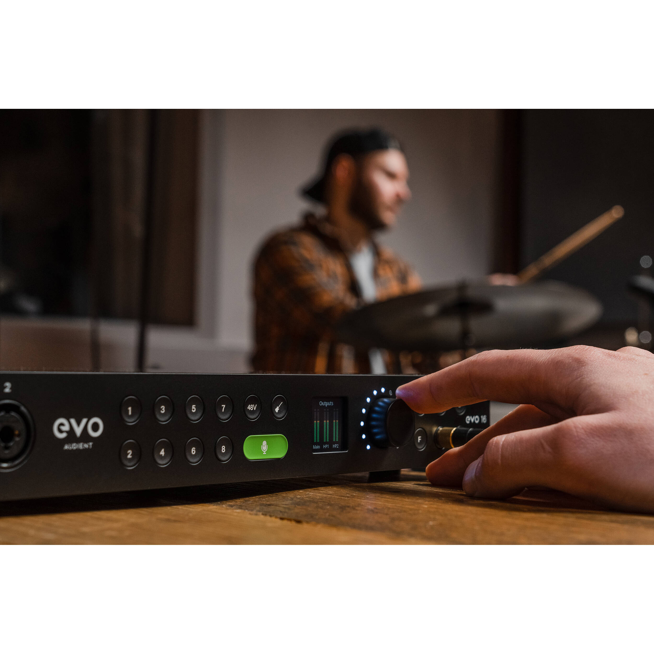 Audient EVO 16 audio interface with multiple input/output ports, sleek design, and professional-grade connections.