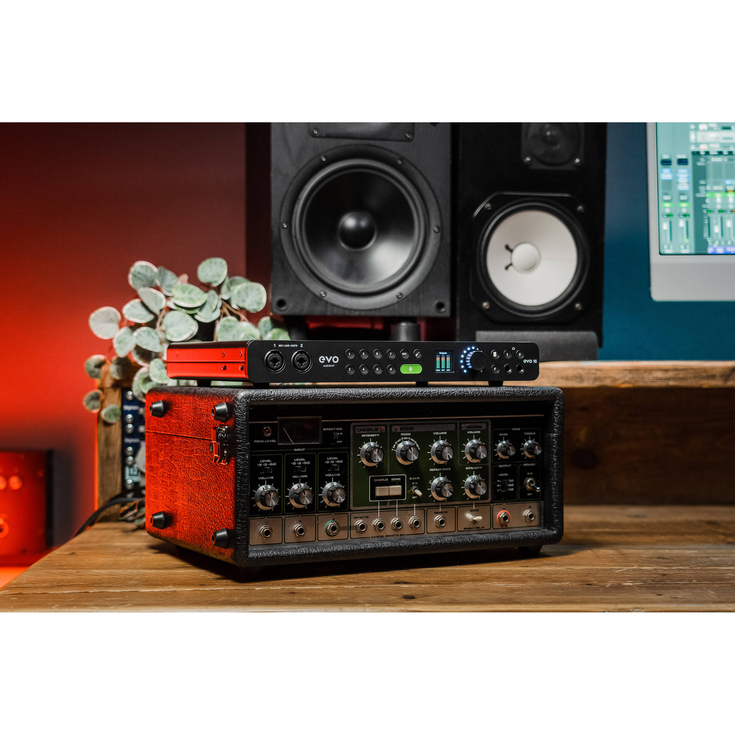 Audient EVO 16 audio interface with multiple input/output ports and control knobs, designed for high-quality sound recording.