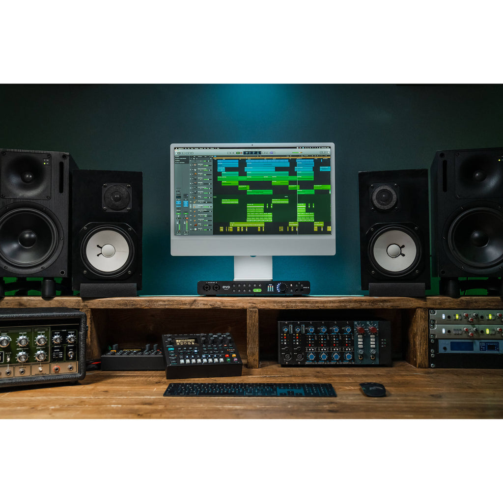 Audient EVO 16 audio interface with multiple input/output ports and control knobs, designed for professional audio recording.