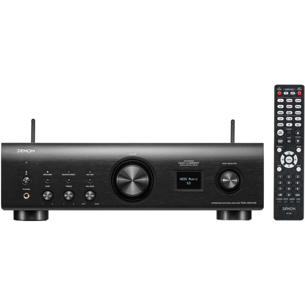 Denon PMA-900HNE stereo amplifier with multiple input knobs and display, black finish, and sleek modern design.