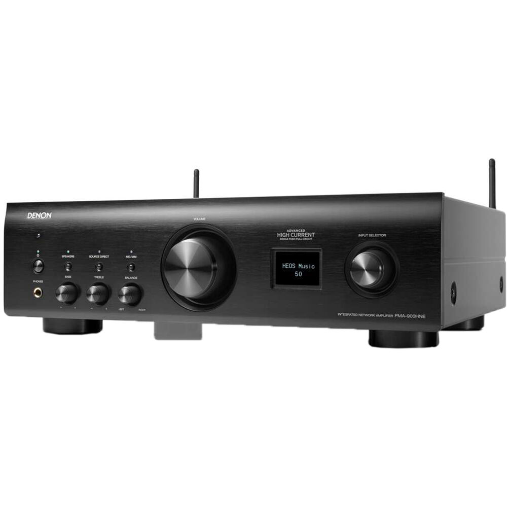 Denon PMA-900HNE stereo amplifier with sleek black finish and control knobs, designed for high-quality audio performance.
