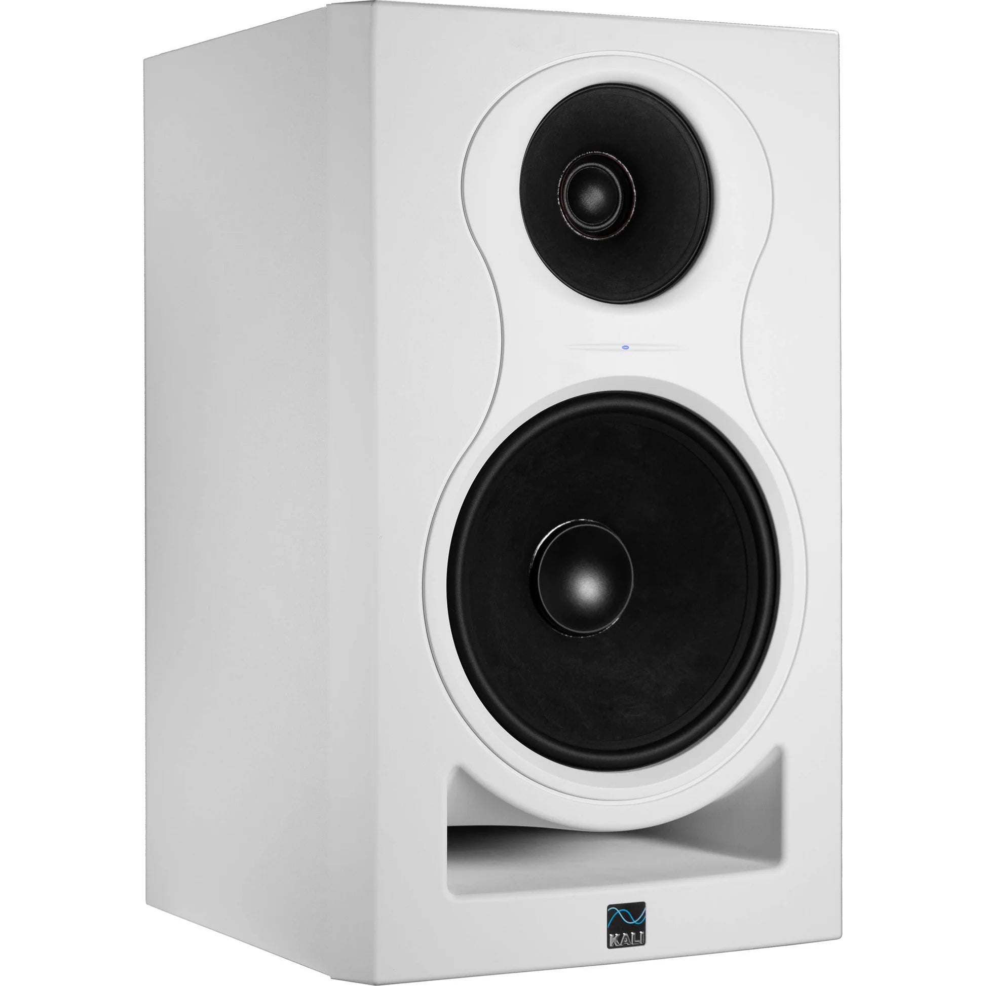 Kali Audio IN-8 V2 active nearfield monitors with black front panel and sleek design, placed on a wooden desk.