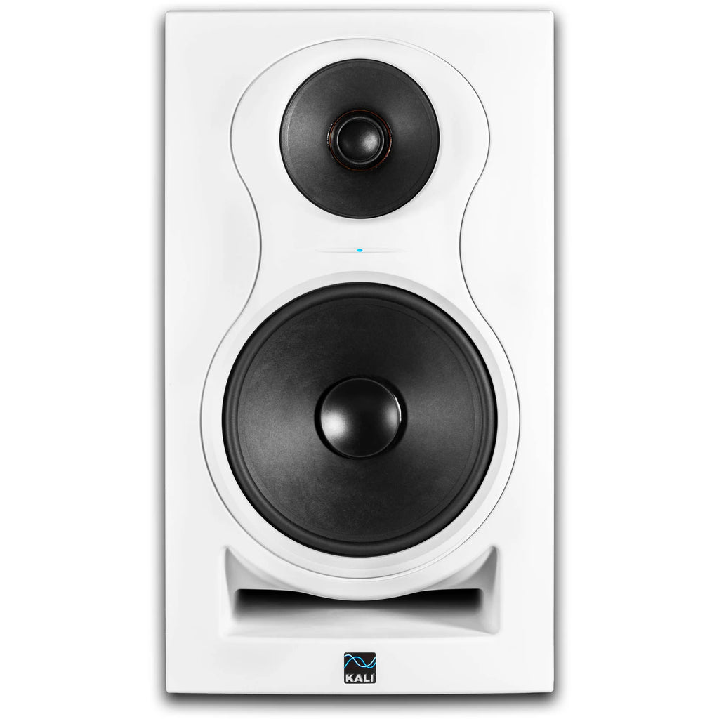 Kali Audio IN-8 V2 active nearfield monitors with black matte finish and front-facing controls, placed on a studio desk.