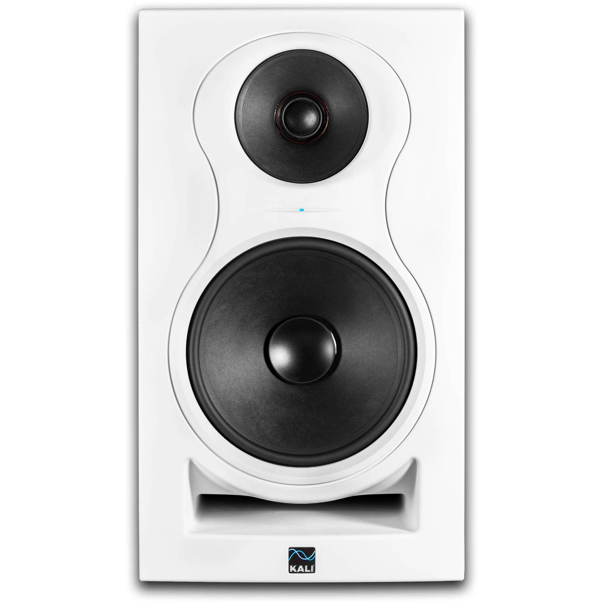 Kali Audio IN-8 V2 active nearfield monitors with black matte finish and front-facing controls, placed on a studio desk.