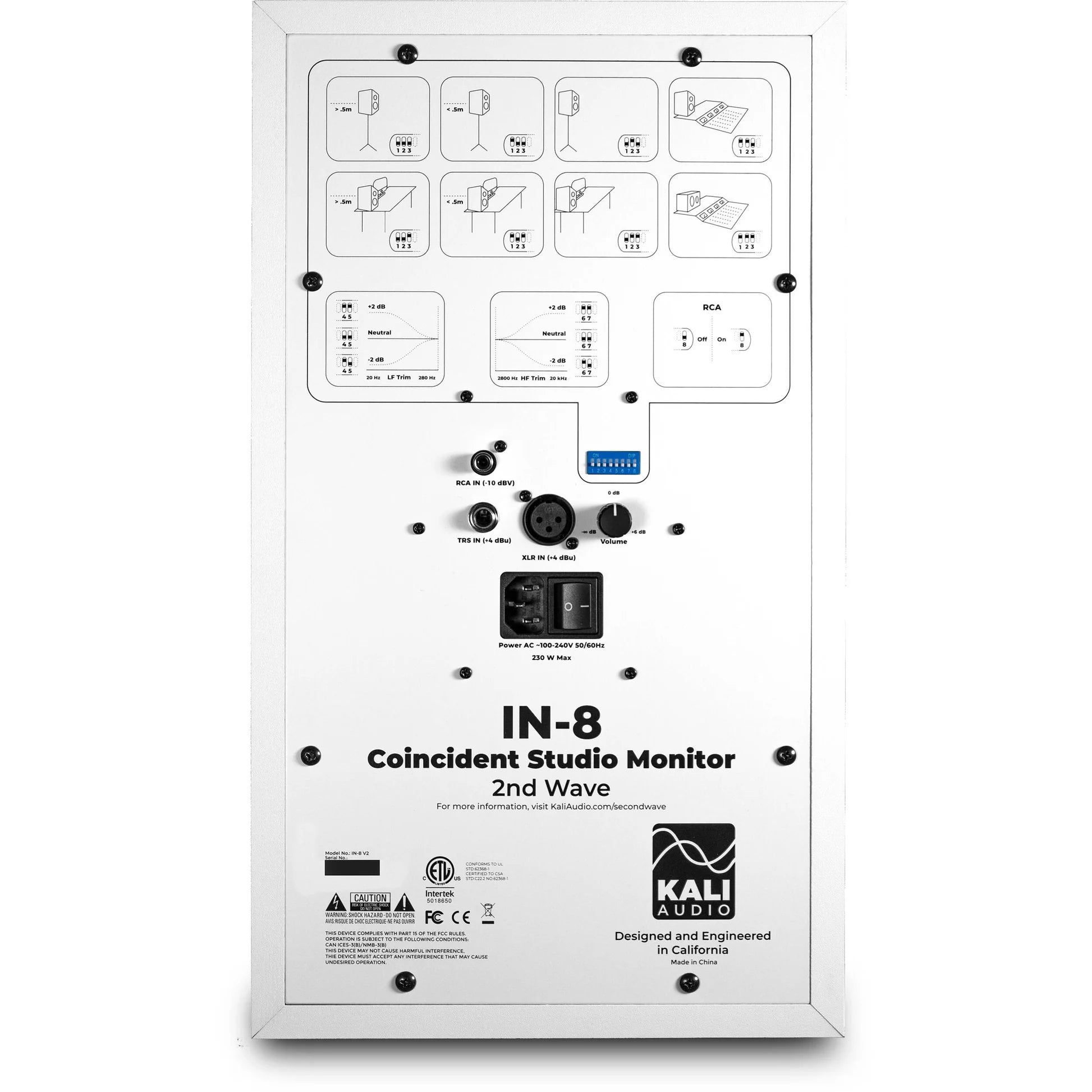 Kali Audio IN-8 V2 active nearfield monitors, black speaker with detailed front grille and control panel, studio audio equipment