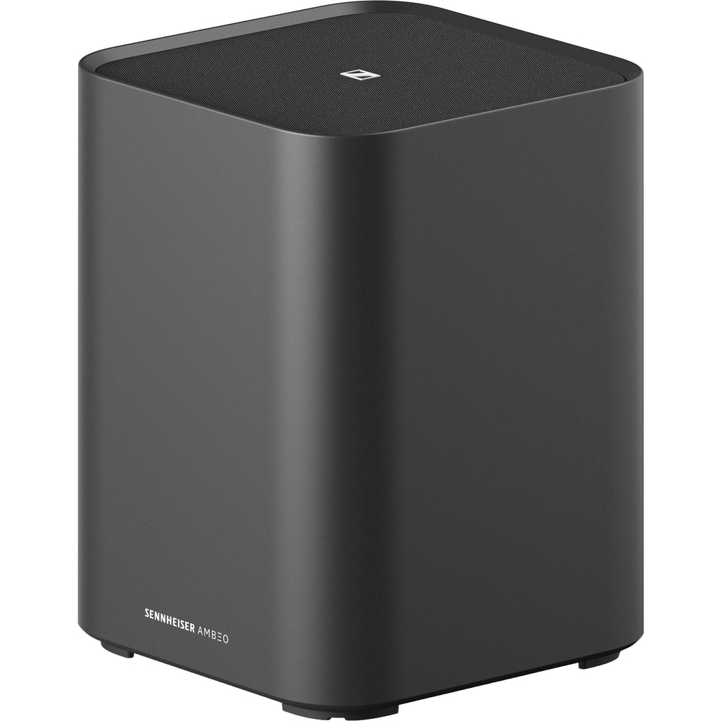 Sennheiser Ambeo Subwoofer with sleek black design and control panel, delivering deep bass for immersive audio experiences.