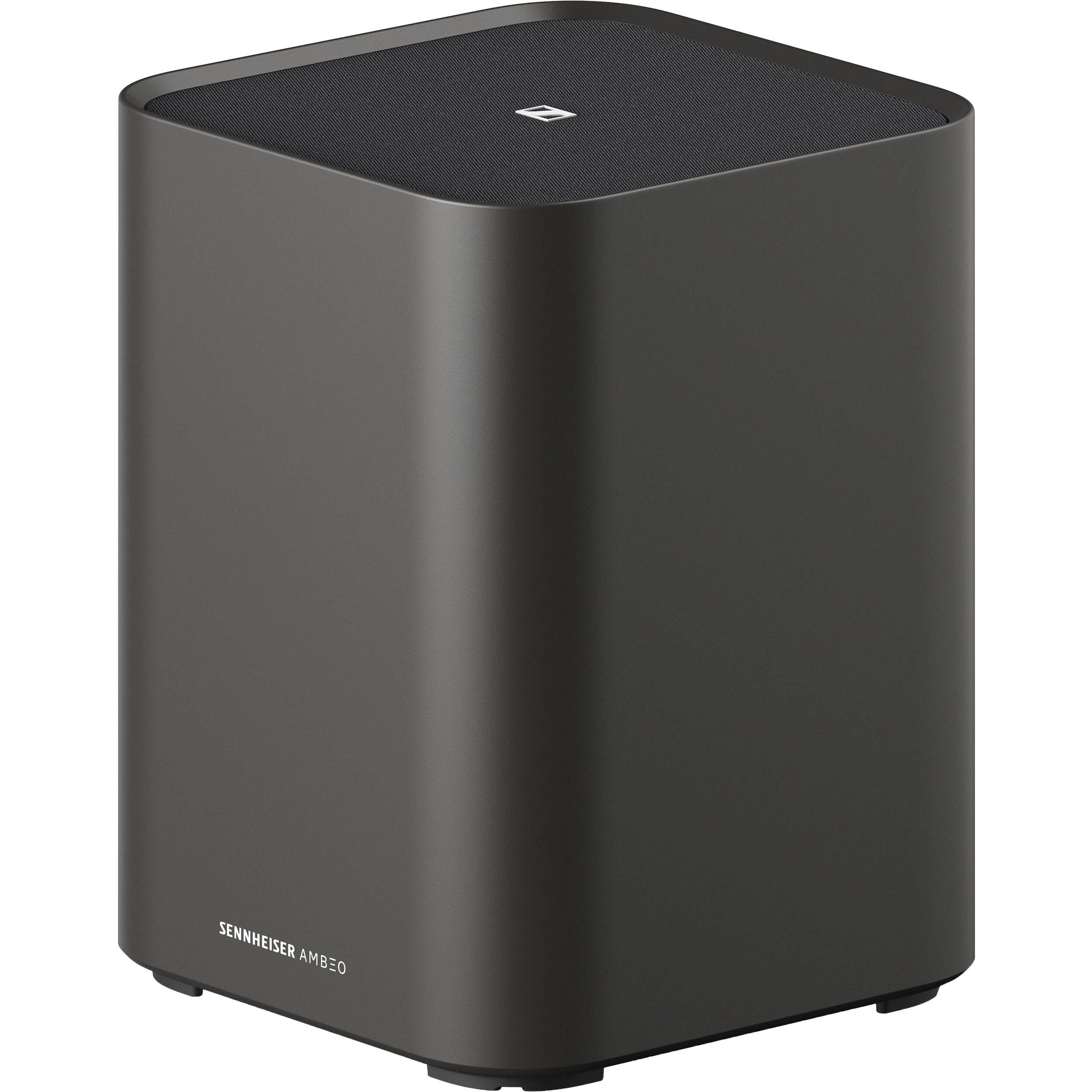 Sennheiser Ambeo Subwoofer with sleek black design and control panel, delivering deep bass for immersive audio experiences.