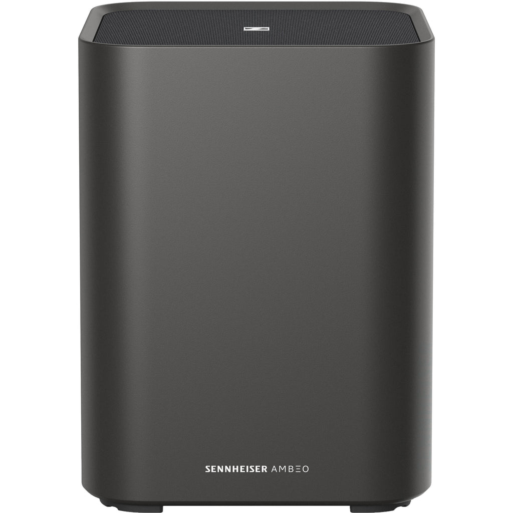 Sennheiser Ambeo Subwoofer with sleek black design and control panel, high-performance subwoofer for immersive audio experiences.