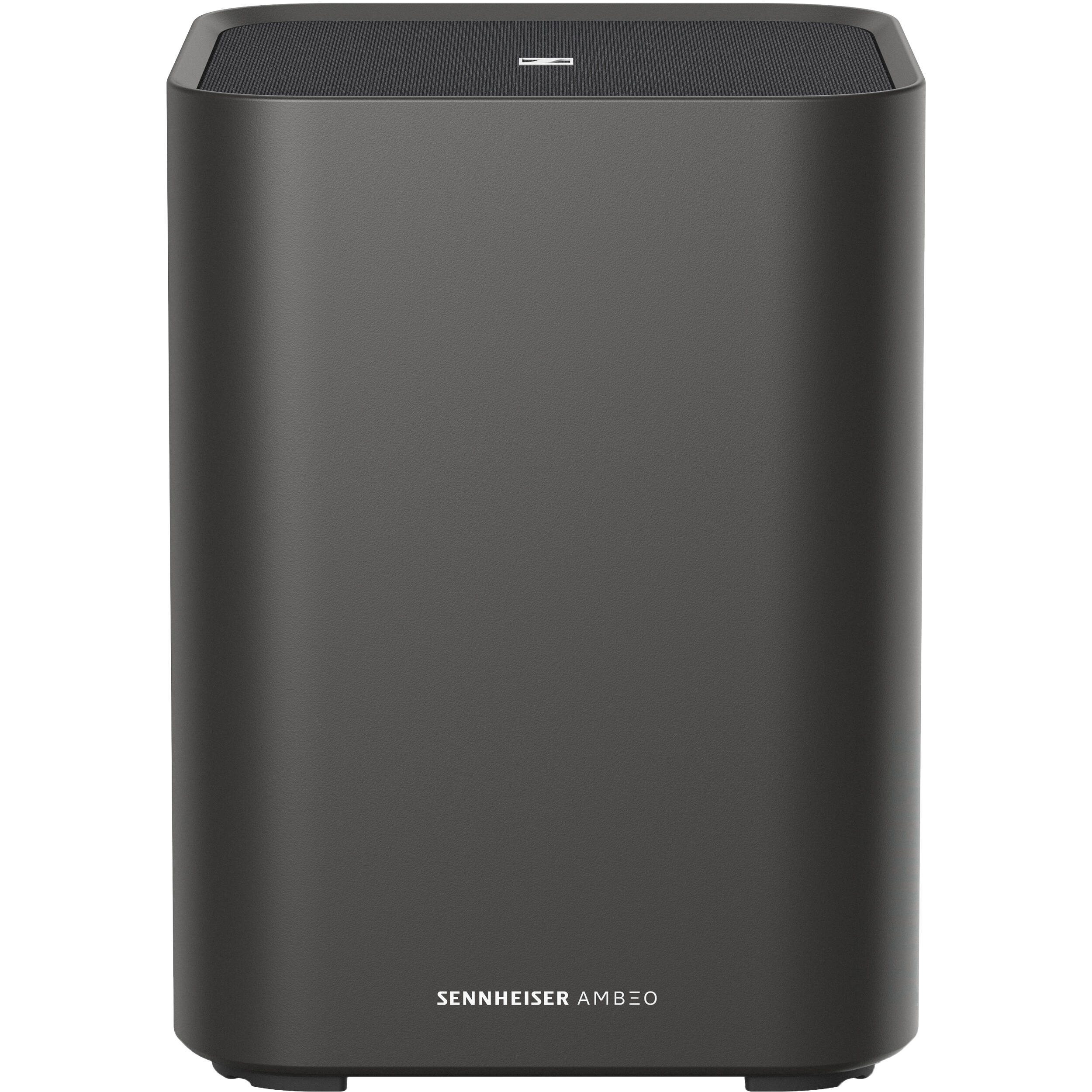 Sennheiser Ambeo Subwoofer with sleek black design and control panel, high-performance subwoofer for immersive audio experiences.
