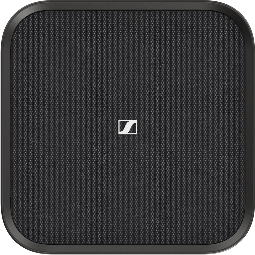 Sennheiser Ambeo Subwoofer showing a sleek black subwoofer with control panel and connections in a modern home audio setup.